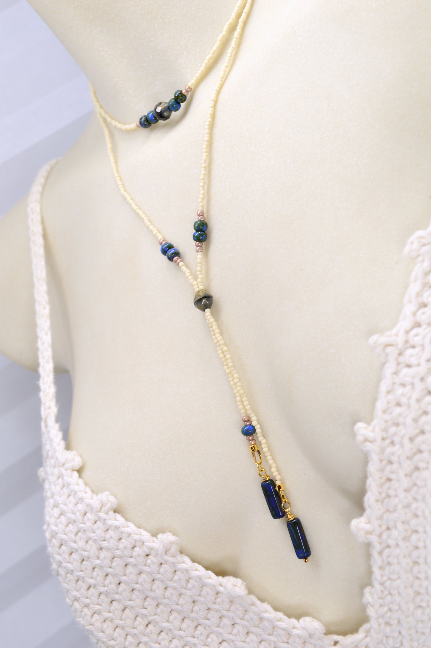 Cream Beaded Lariat Necklace with Sapphire Blue Glass Beads – Adjustable Y Necklace