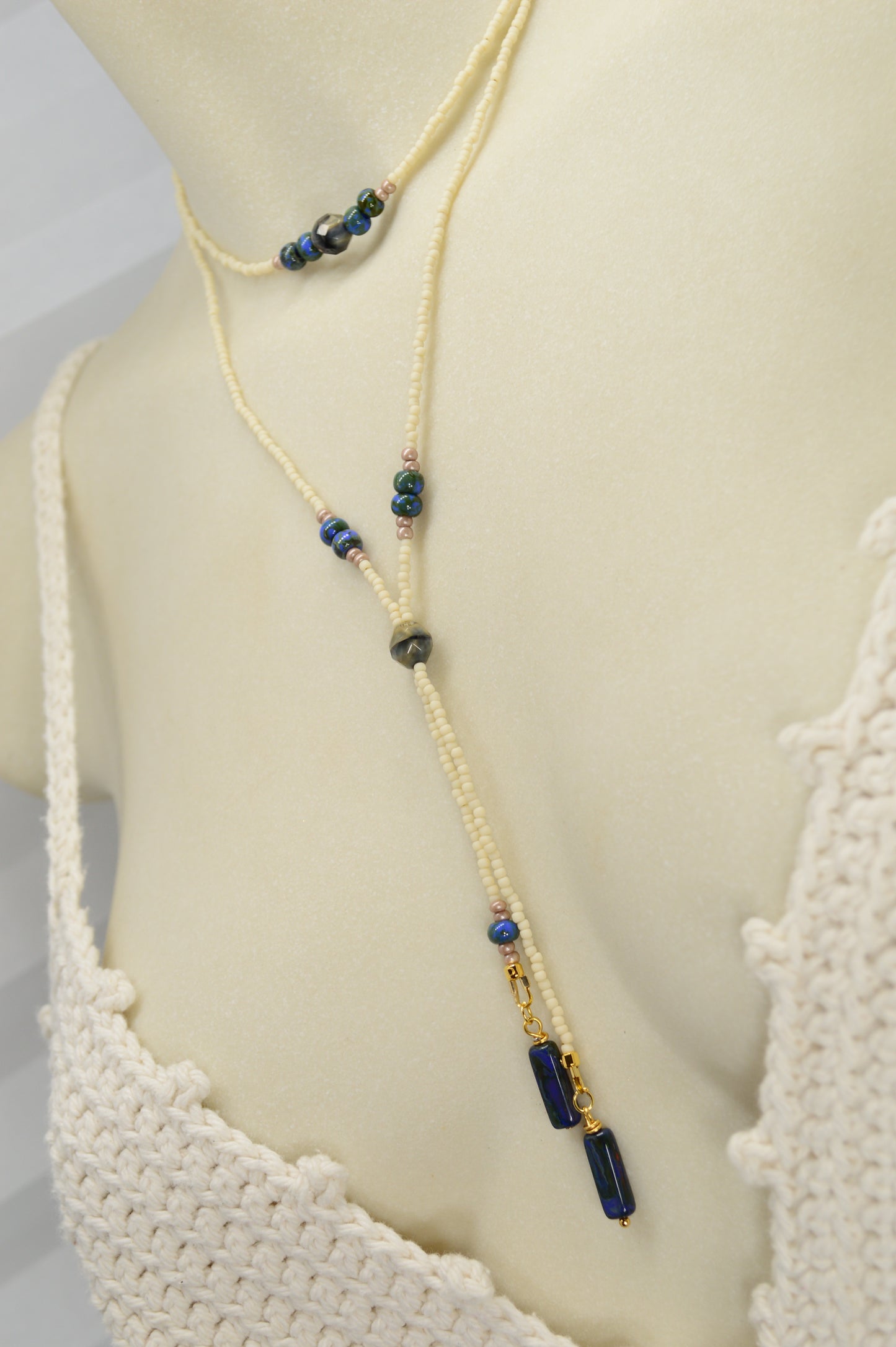 Cream Beaded Lariat Necklace with Sapphire Blue Glass Beads – Adjustable Y Necklace