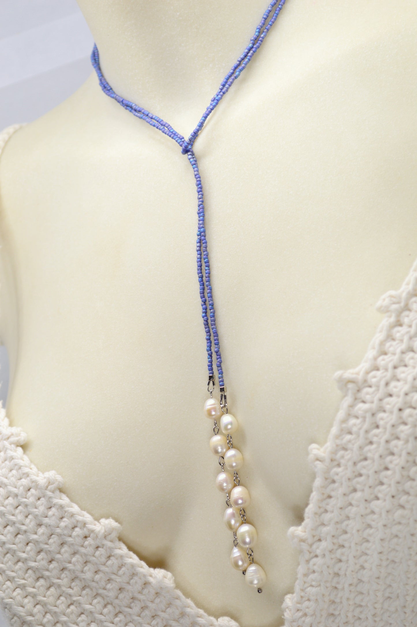 Blue Freshwater Pearl Lariat Necklace – Adjustable Seed Bead Y Necklace