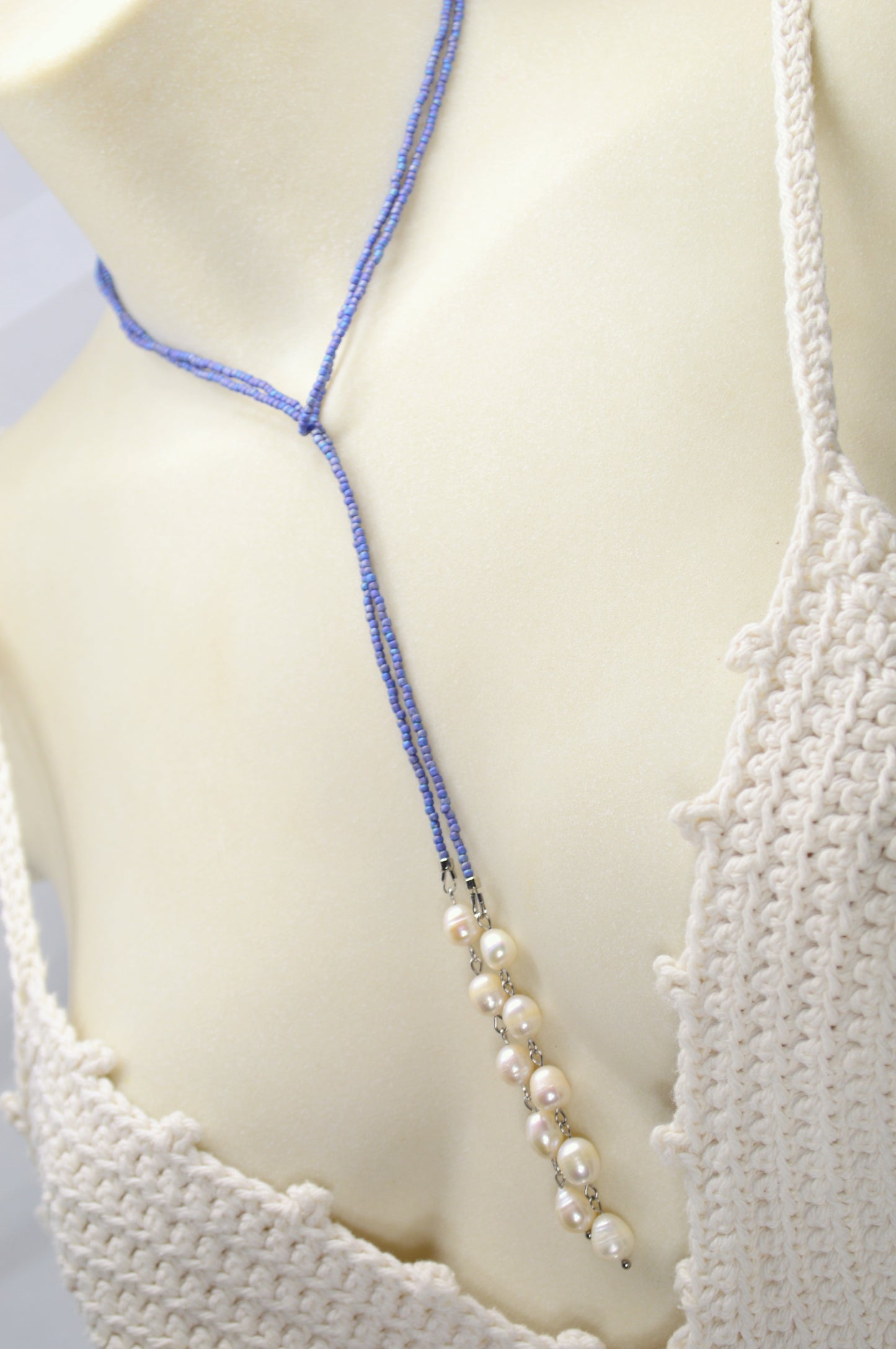 Blue Freshwater Pearl Lariat Necklace – Adjustable Seed Bead Y Necklace