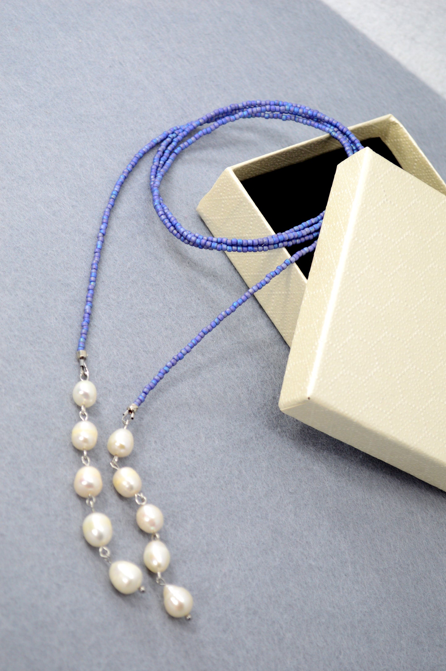 Blue Freshwater Pearl Lariat Necklace – Adjustable Seed Bead Y Necklace