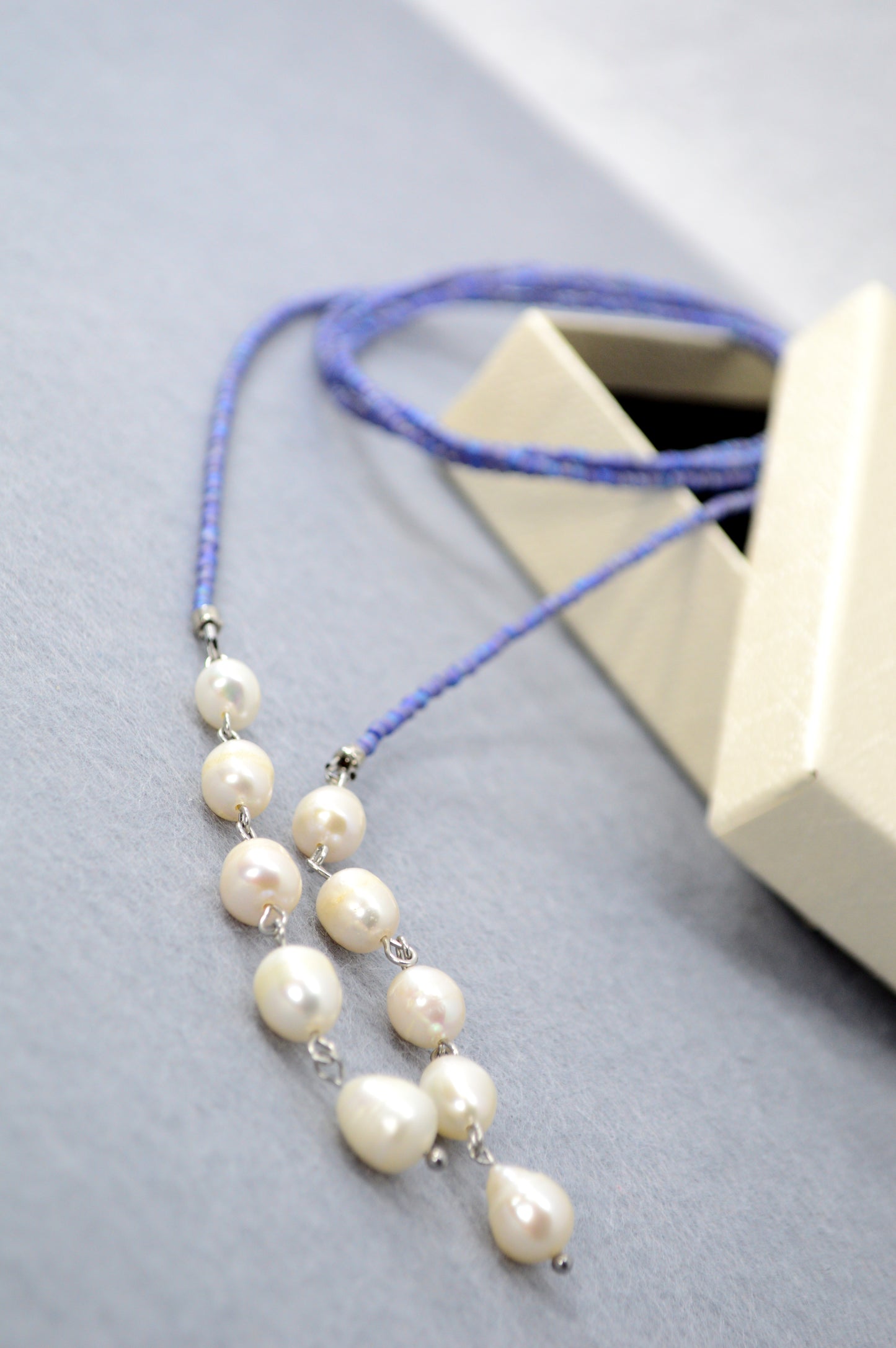 Blue Freshwater Pearl Lariat Necklace – Adjustable Seed Bead Y Necklace