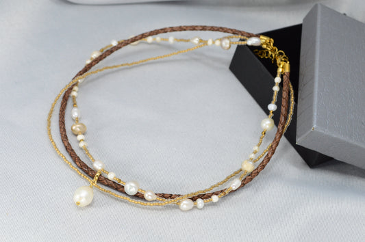 Layered Leather & Pearl Choker – Boho Multi-Strand Necklace with Freshwater Pearls