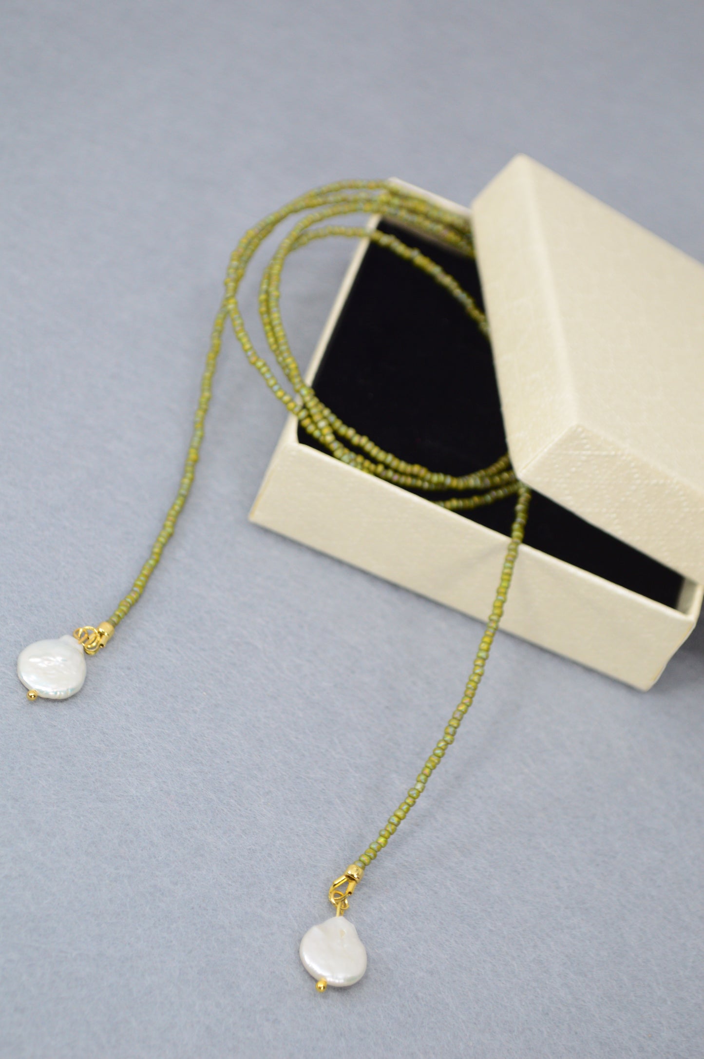 Olive Beaded Wrap Necklace with Freshwater Pearls – Long Convertible Necklace