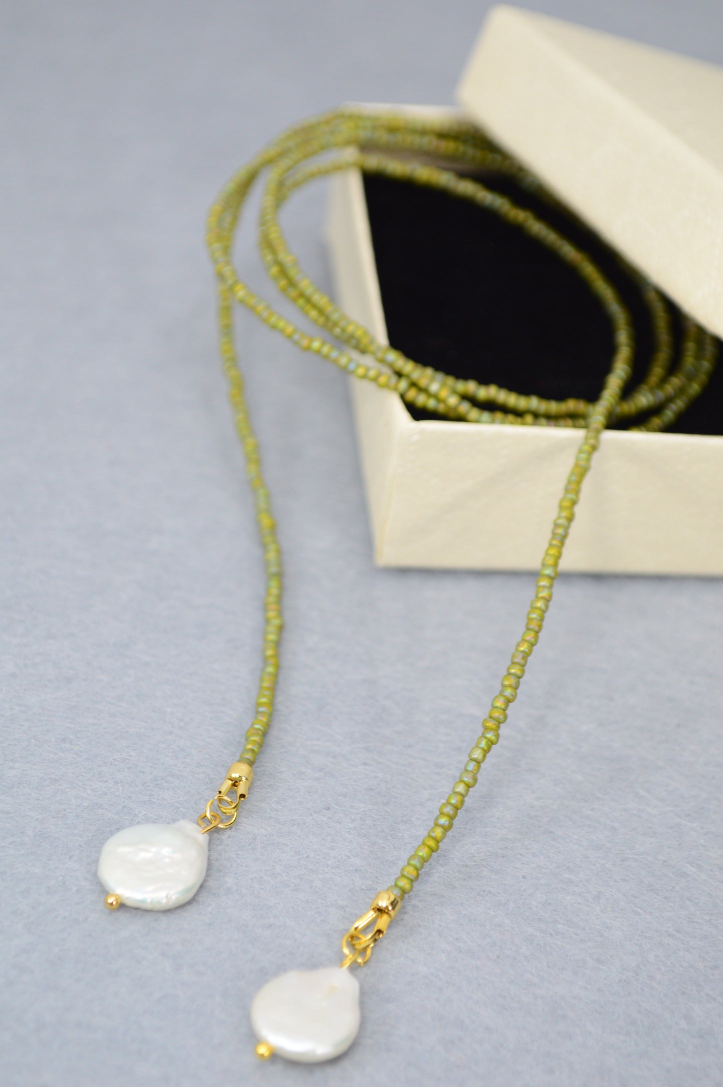 Olive Beaded Wrap Necklace with Freshwater Pearls – Long Convertible Necklace