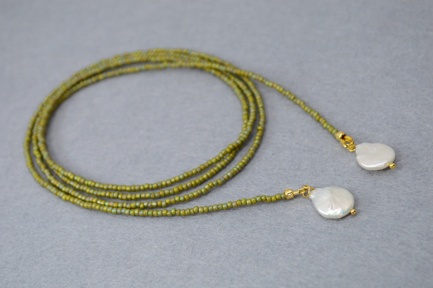 Olive Beaded Wrap Necklace with Freshwater Pearls – Long Convertible Necklace