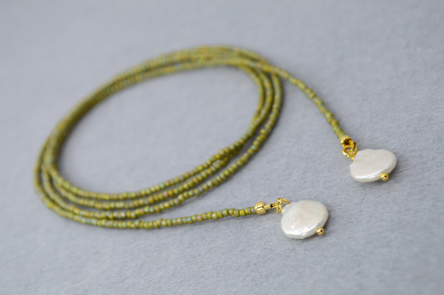 Olive Beaded Wrap Necklace with Freshwater Pearls – Long Convertible Necklace
