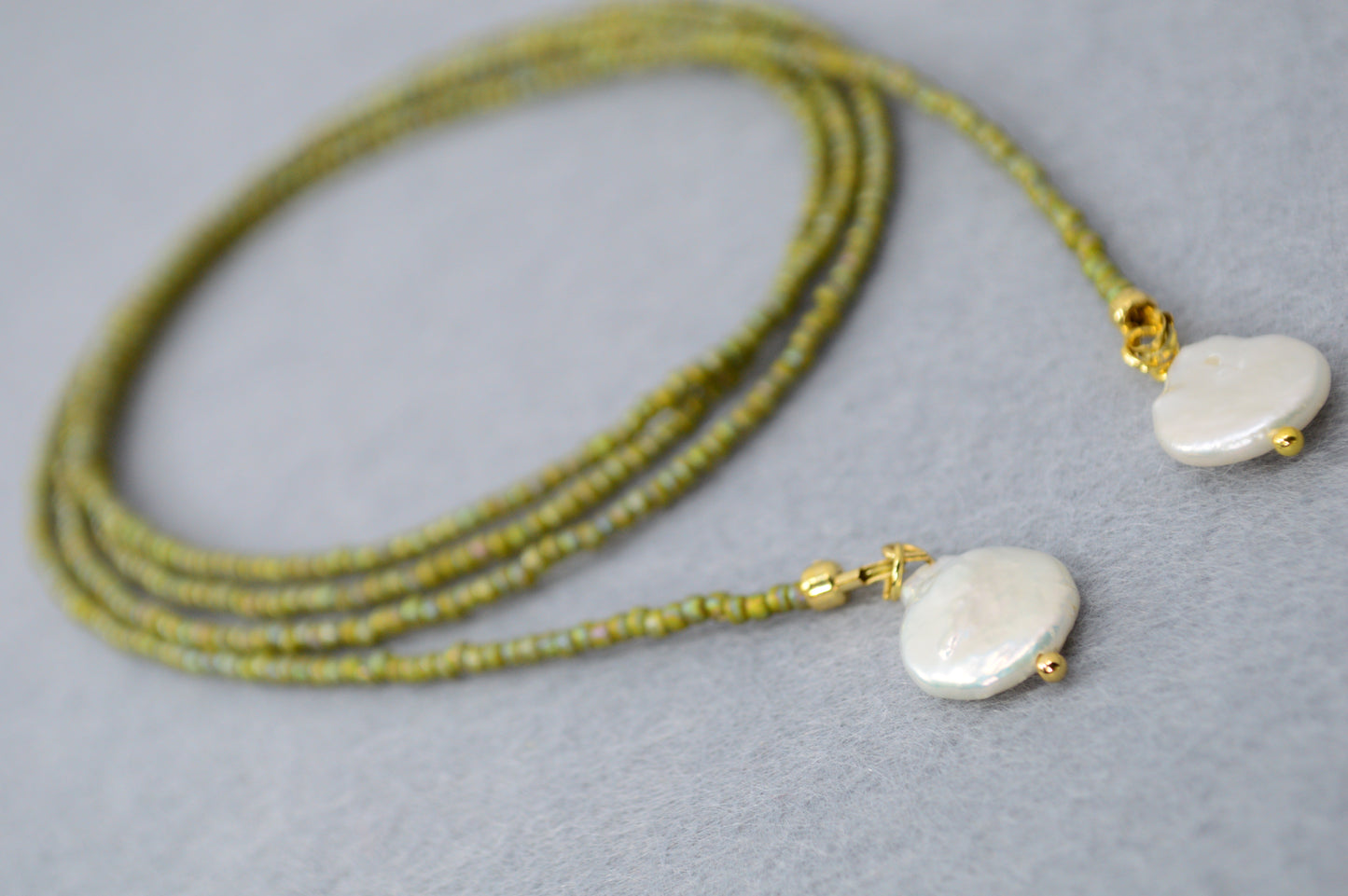 Olive Beaded Wrap Necklace with Freshwater Pearls – Long Convertible Necklace