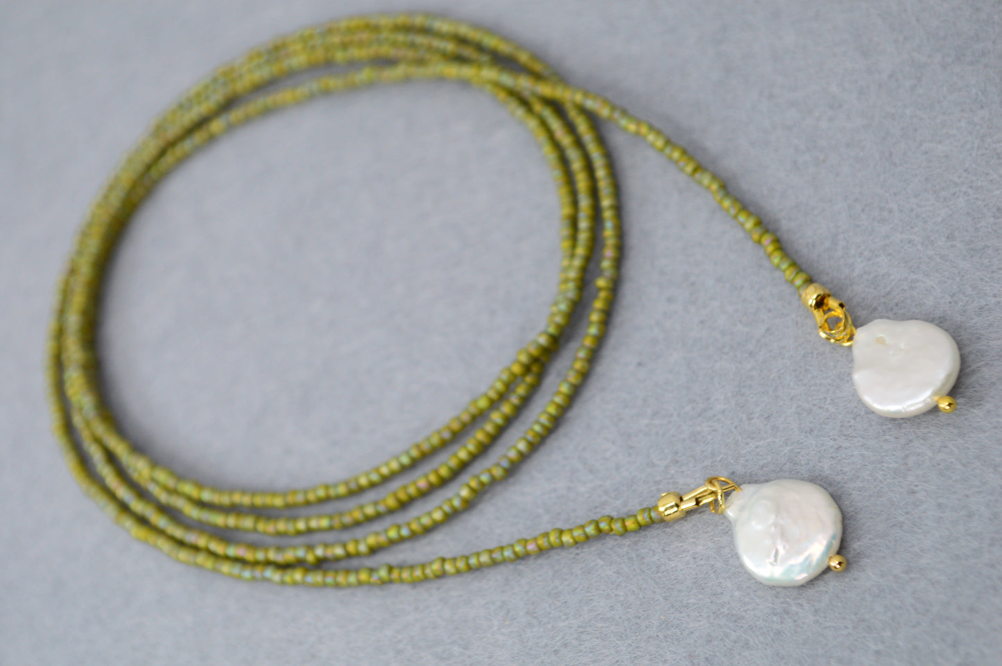 Olive Beaded Wrap Necklace with Freshwater Pearls – Long Convertible Necklace