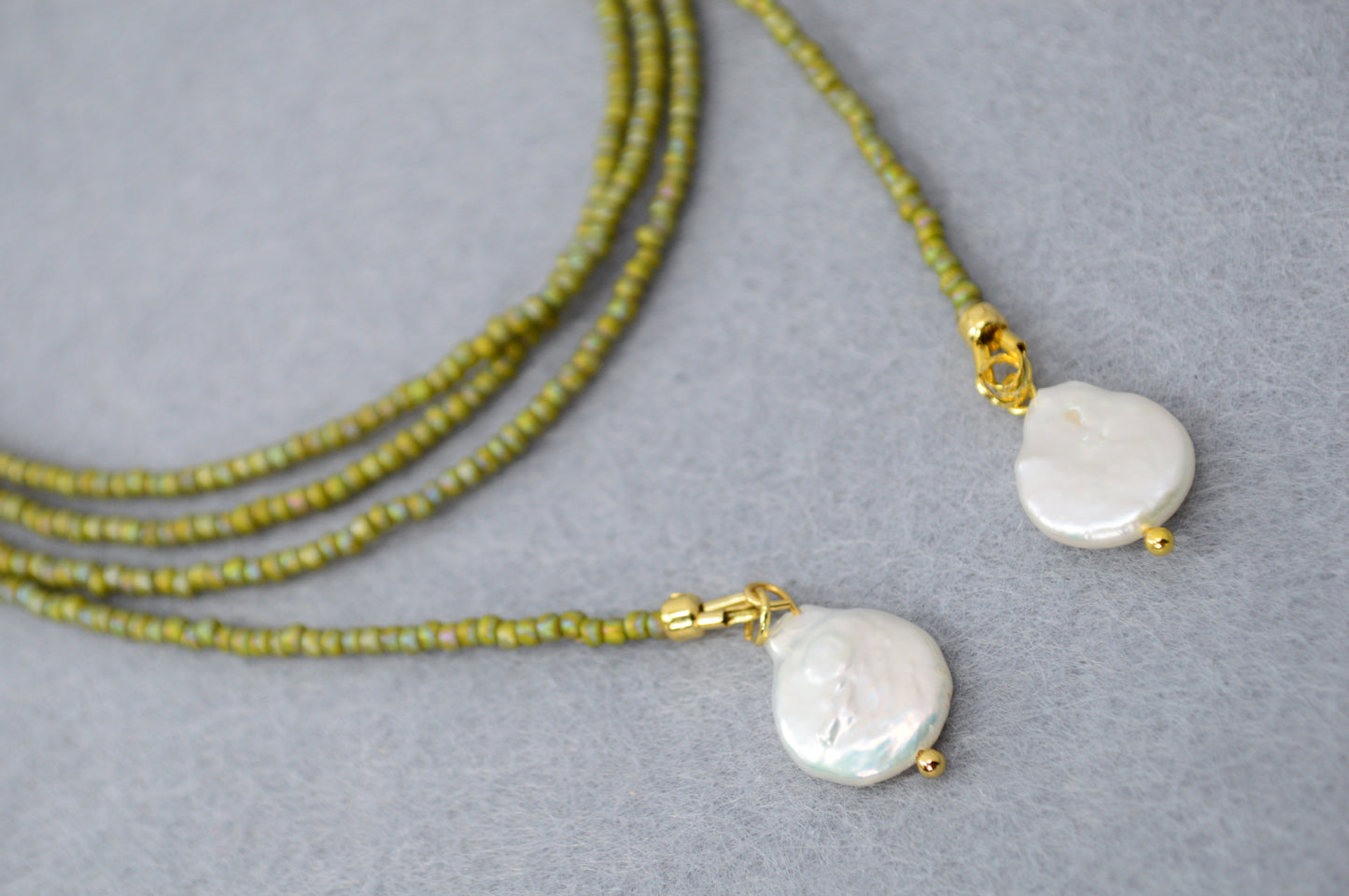Olive Beaded Wrap Necklace with Freshwater Pearls – Long Convertible Necklace