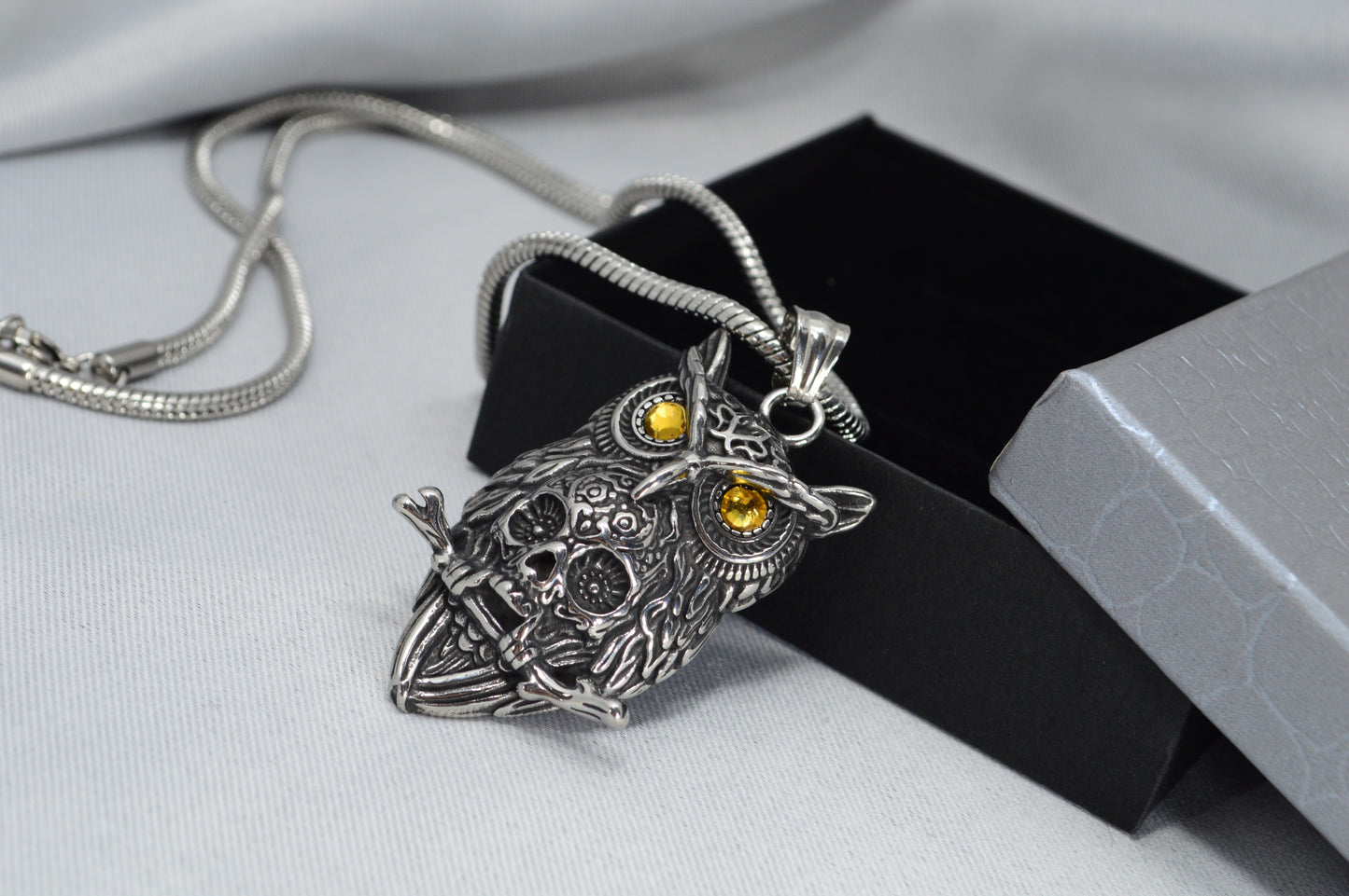 Owl Pendant Necklace – Stainless Steel Totem with Amber-Tone Eyes
