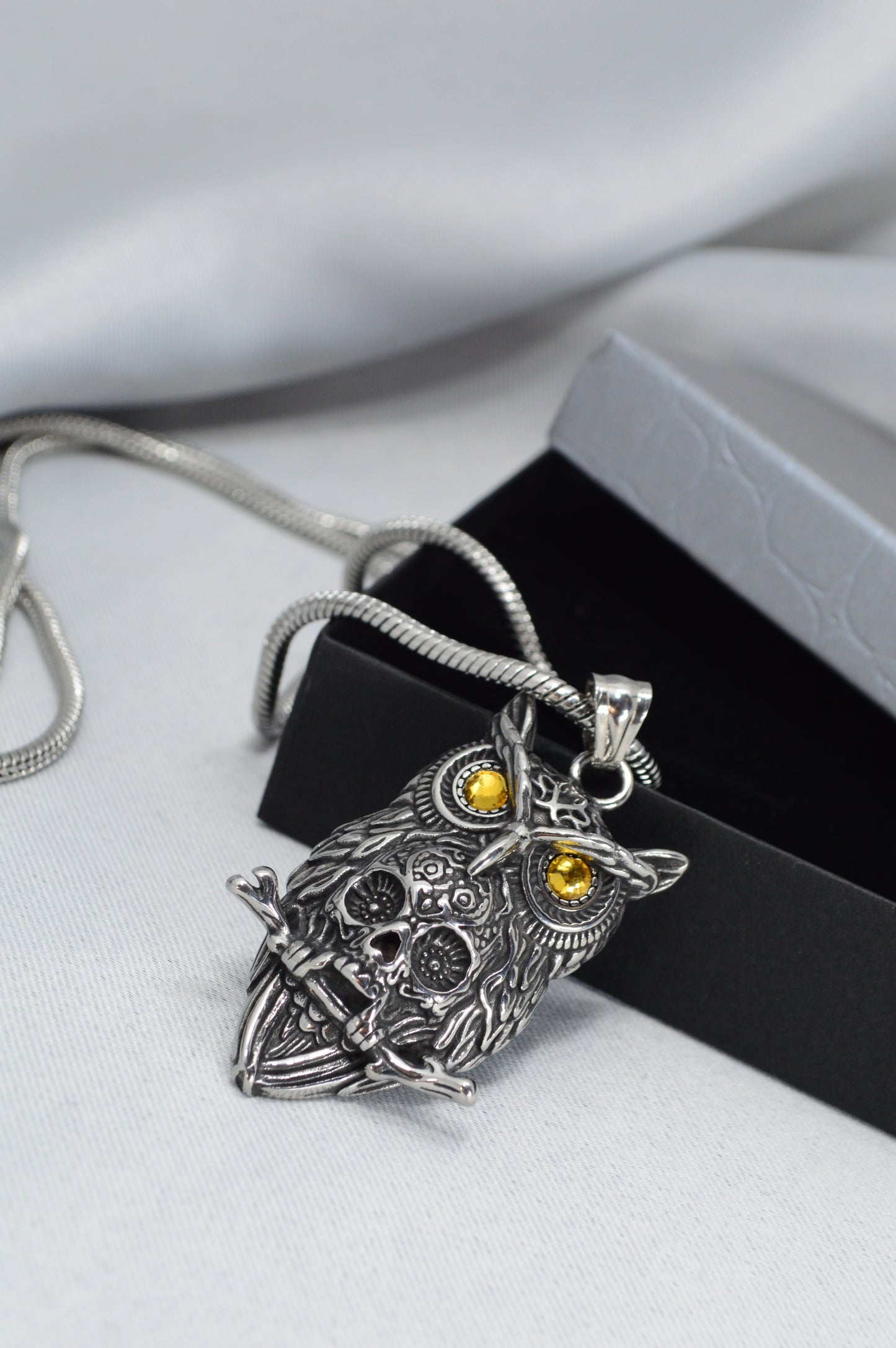 Owl Pendant Necklace – Stainless Steel Totem with Amber-Tone Eyes