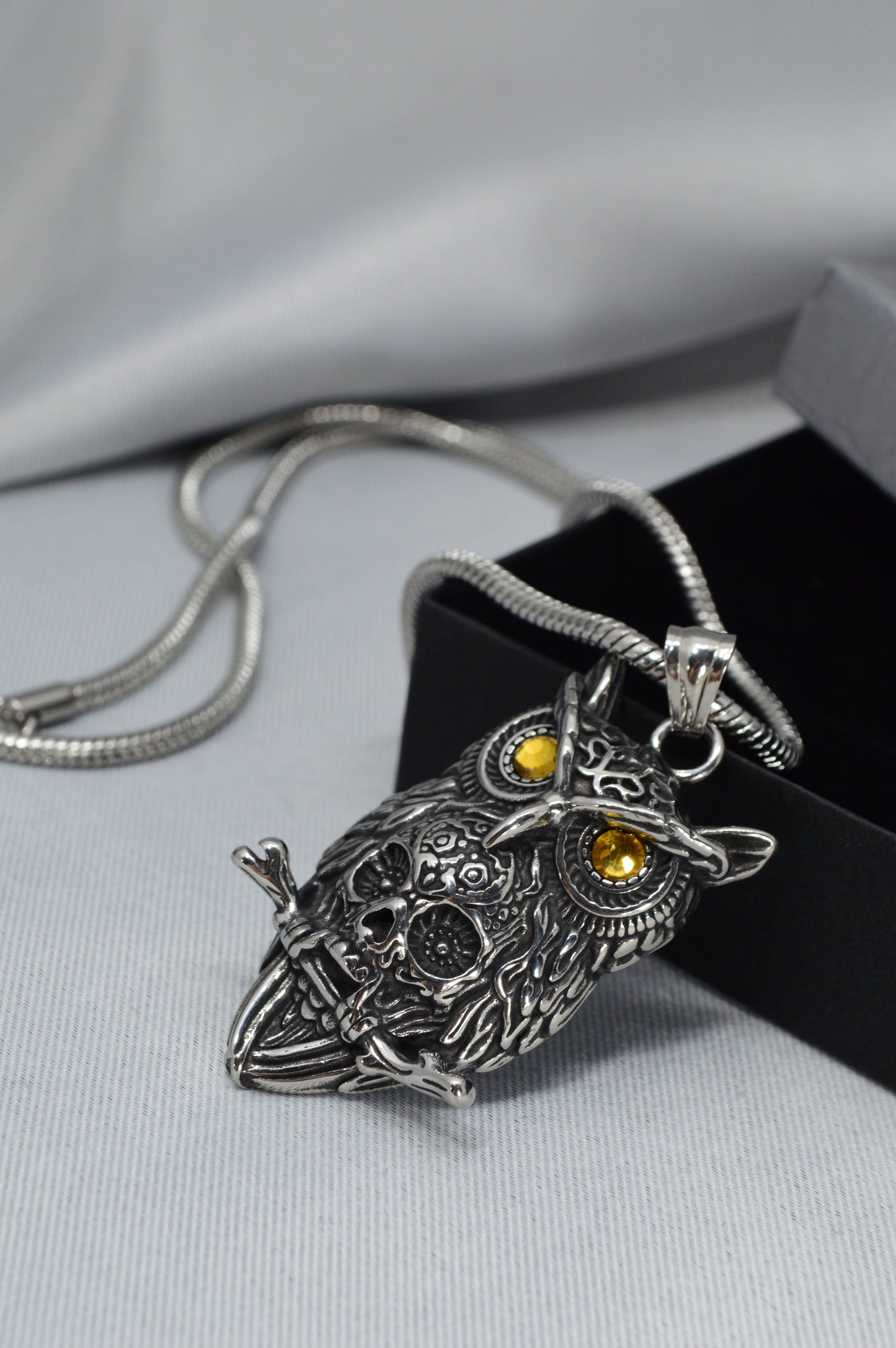 Owl Pendant Necklace – Stainless Steel Totem with Amber-Tone Eyes