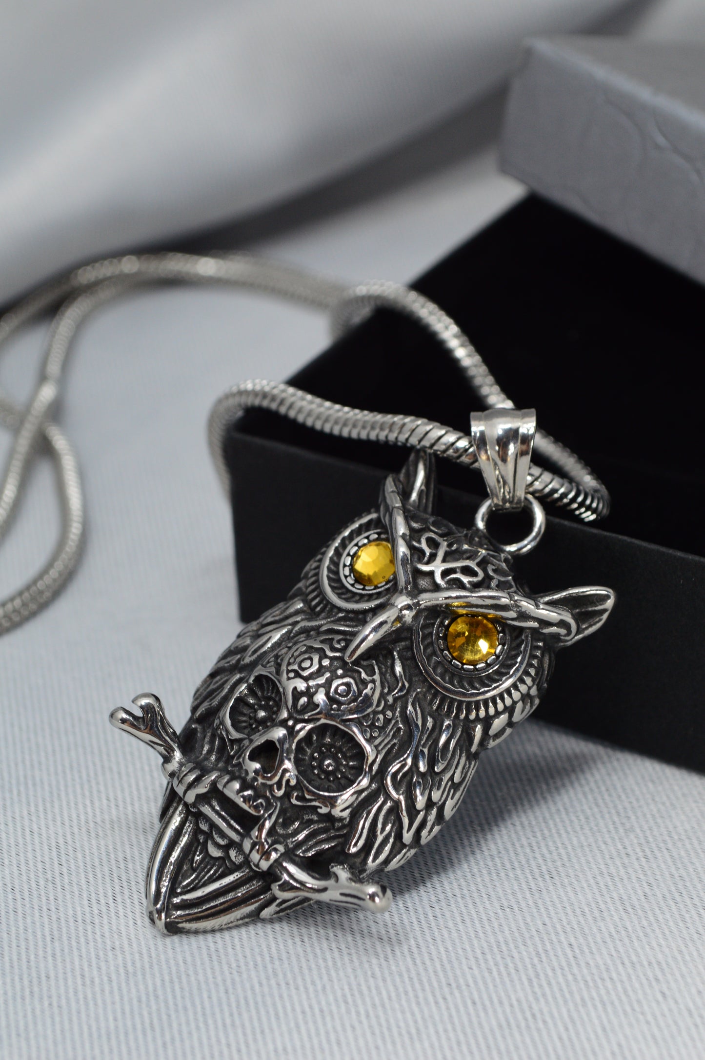 Owl Pendant Necklace – Stainless Steel Totem with Amber-Tone Eyes