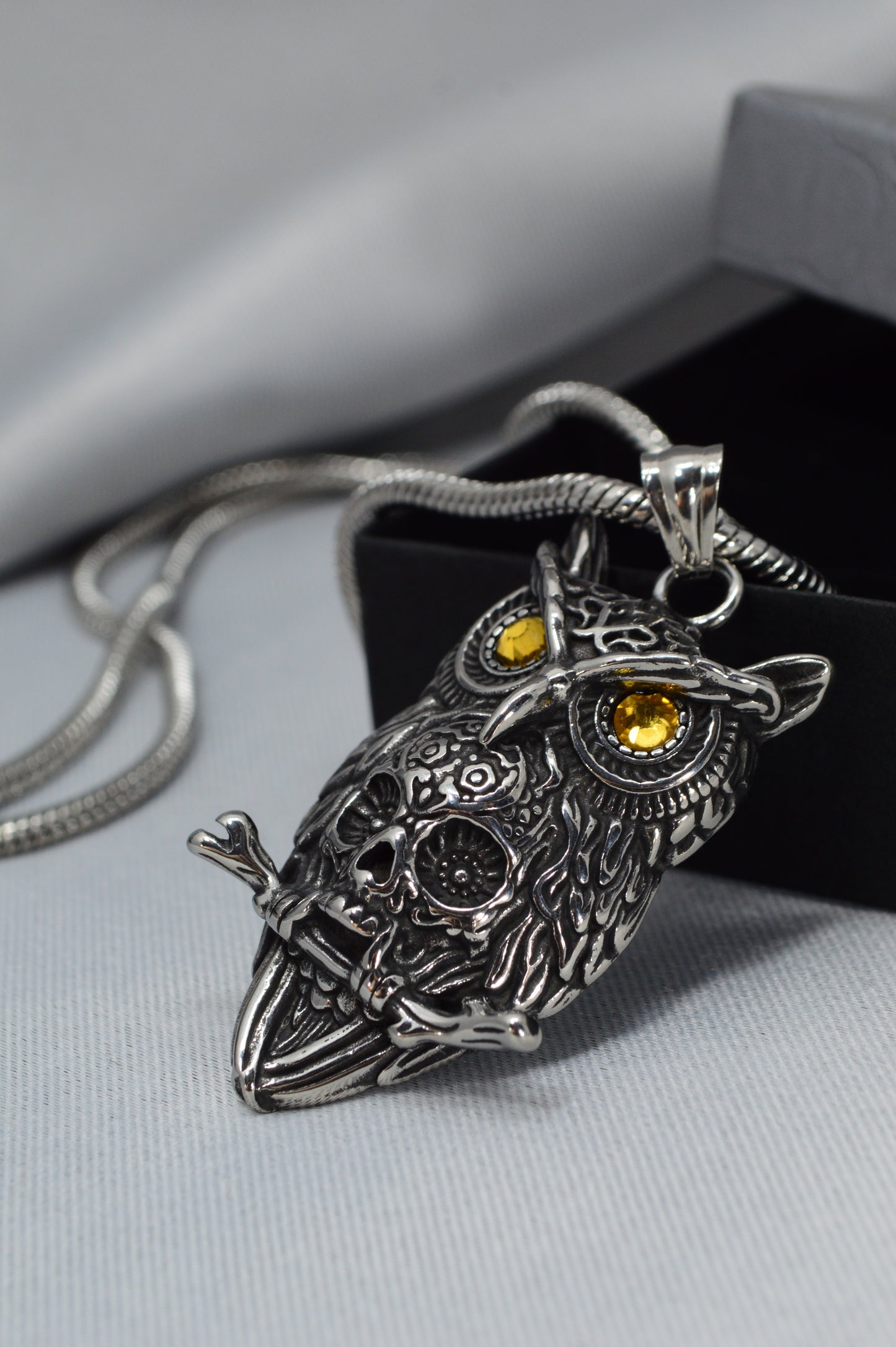Owl Pendant Necklace – Stainless Steel Totem with Amber-Tone Eyes