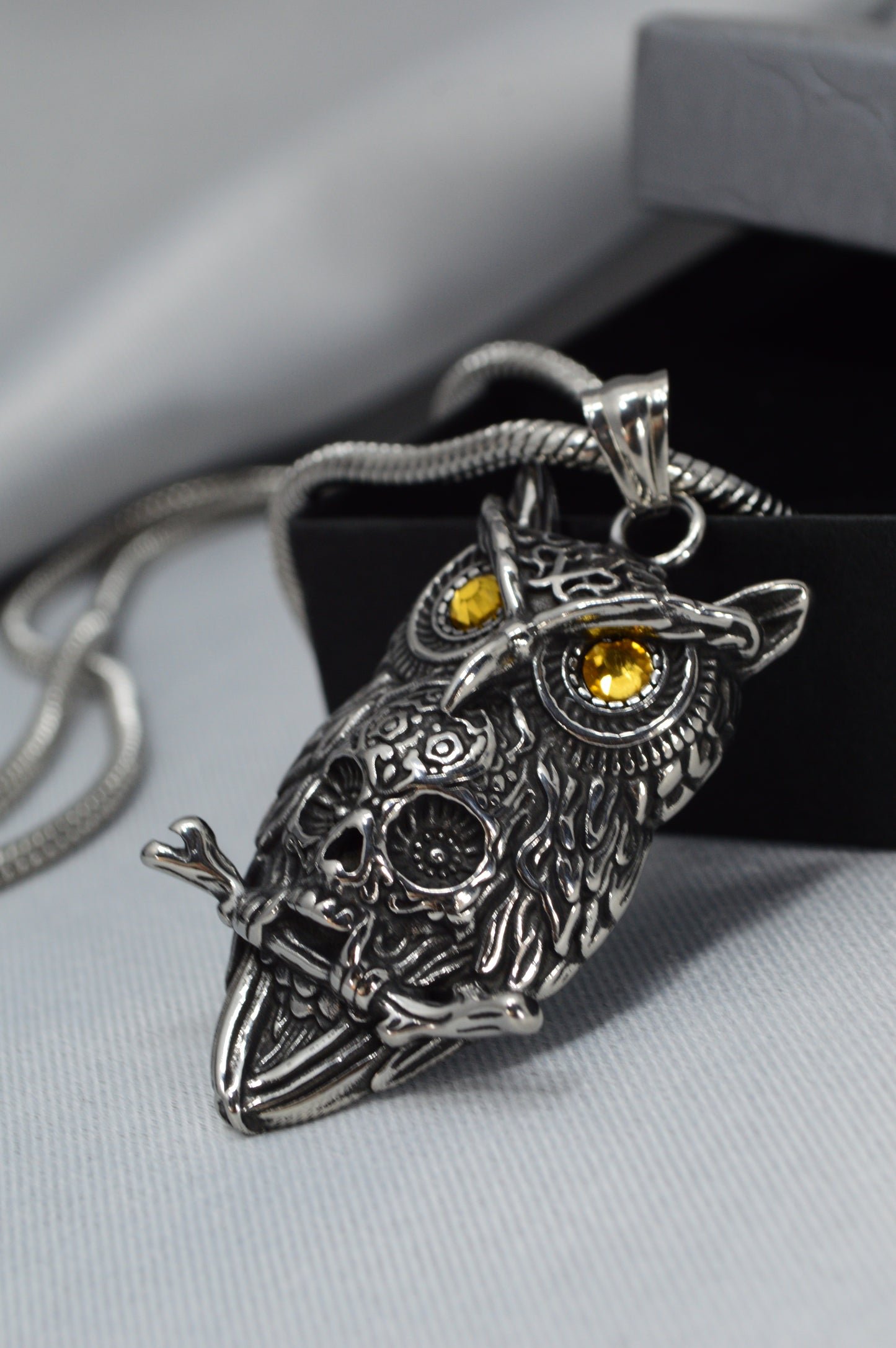 Owl Pendant Necklace – Stainless Steel Totem with Amber-Tone Eyes