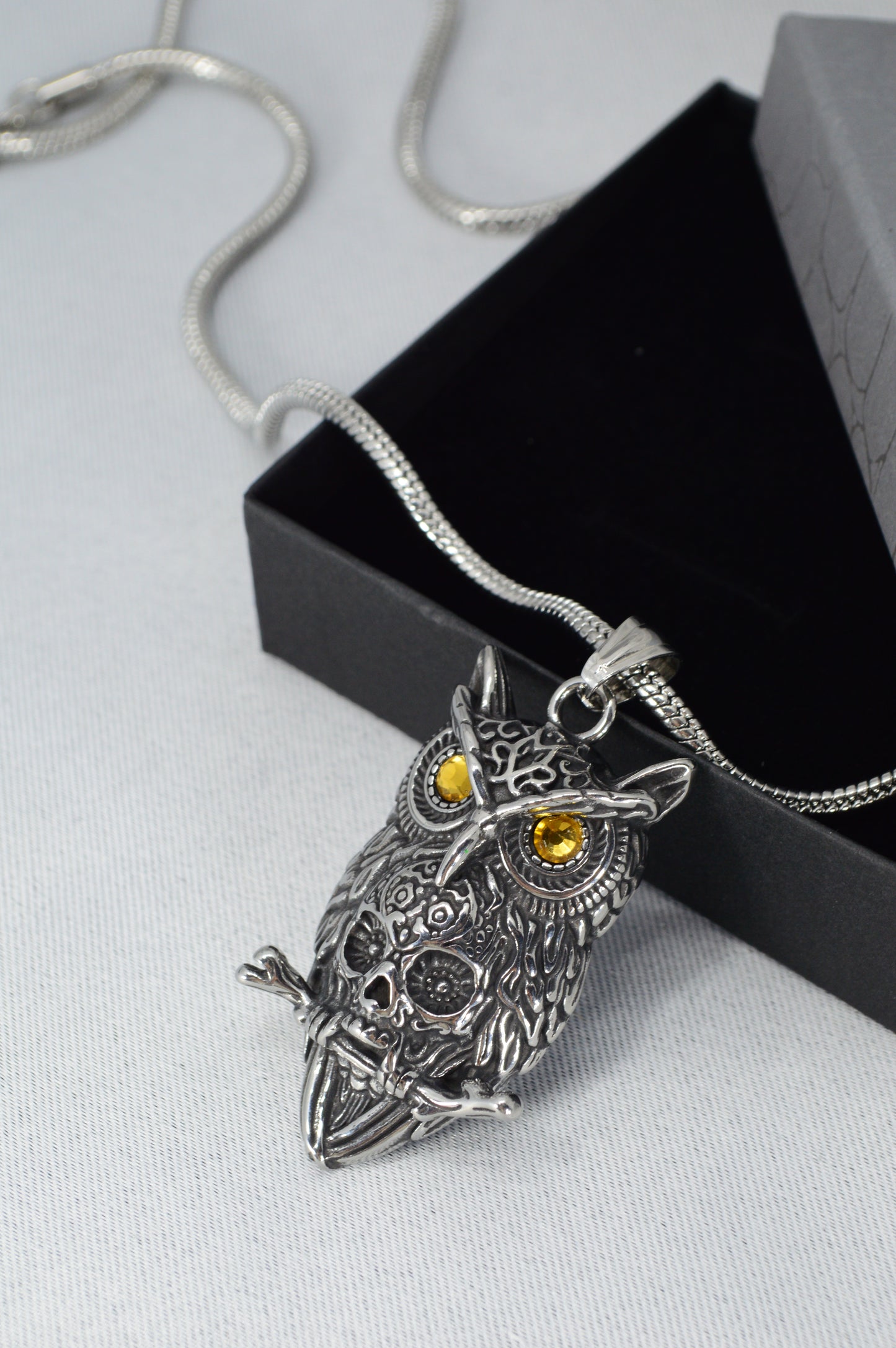 Owl Pendant Necklace – Stainless Steel Totem with Amber-Tone Eyes