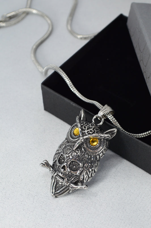 Owl Pendant Necklace – Stainless Steel Totem with Amber-Tone Eyes