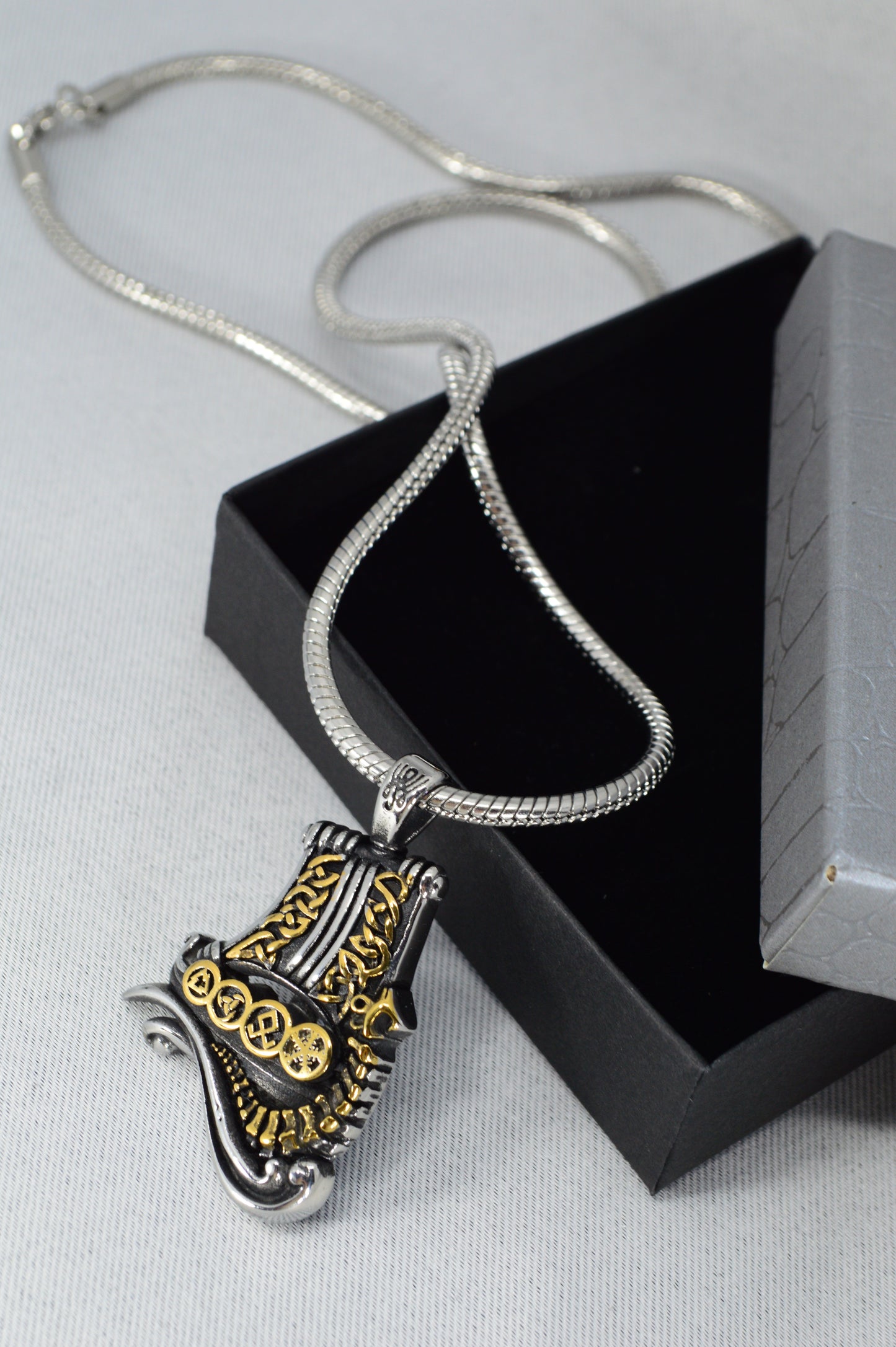 Viking Axe Pendant Necklace – Stainless Steel Nordic Amulet with Gold Details