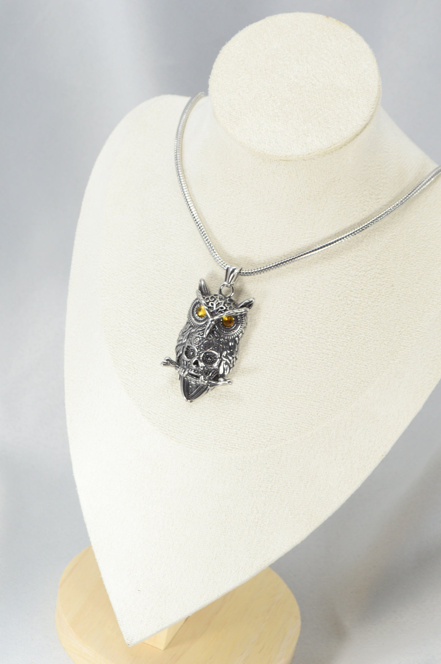 Owl Pendant Necklace – Stainless Steel Totem with Amber-Tone Eyes
