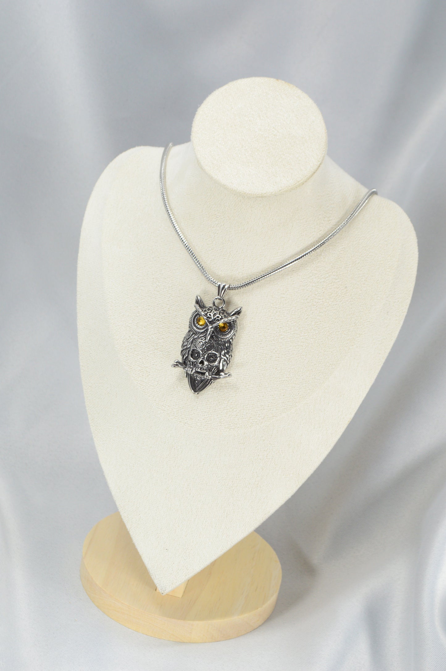 Owl Pendant Necklace – Stainless Steel Totem with Amber-Tone Eyes