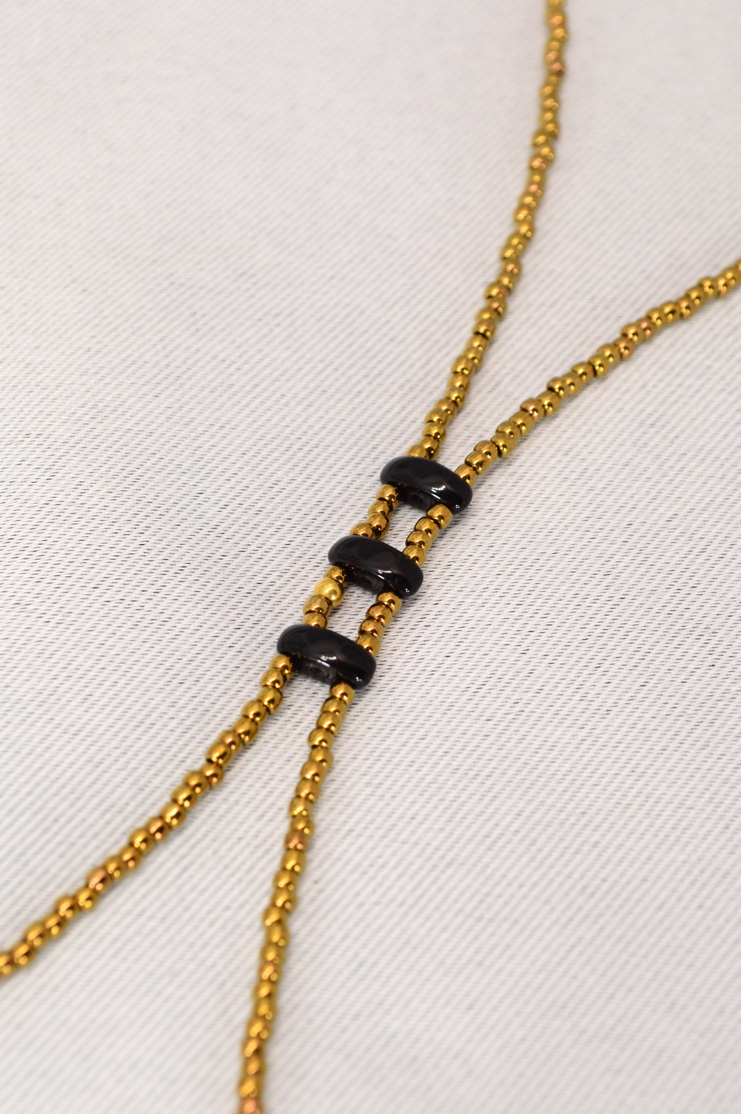 Onyx Y Lariat Necklace – Black Onyx Drops on Gold Seed Bead Chain