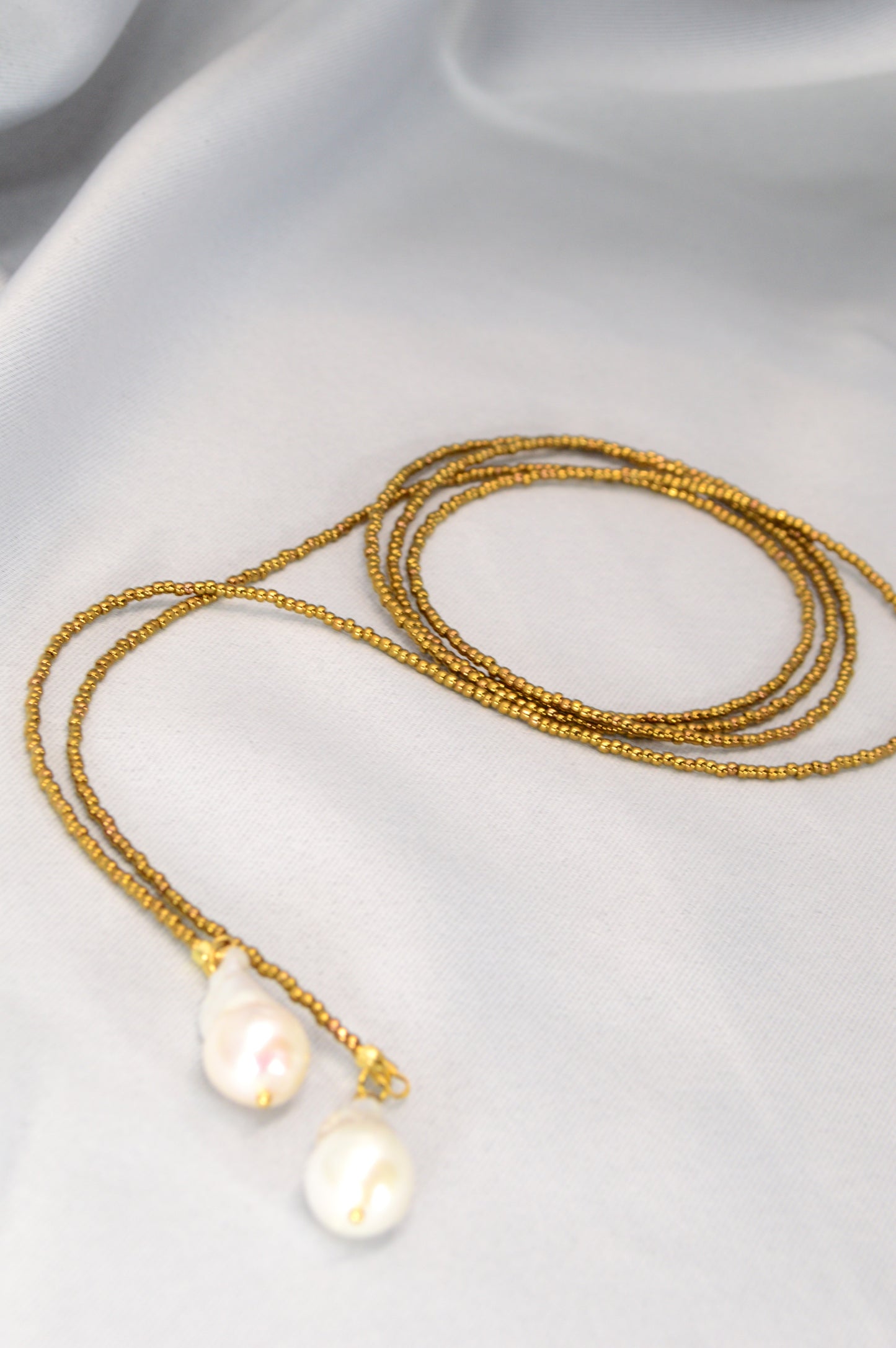 Long Pearl Drop Necklace – Gold Seed Beads & Baroque Pearl Pendant