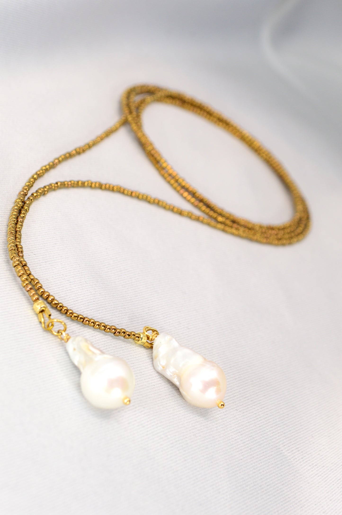 Long Pearl Drop Necklace – Gold Seed Beads & Baroque Pearl Pendant