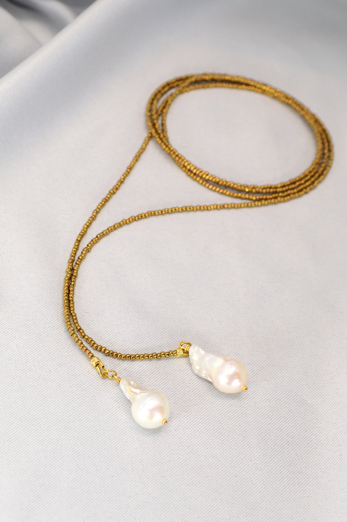 Long Pearl Drop Necklace – Gold Seed Beads & Baroque Pearl Pendant