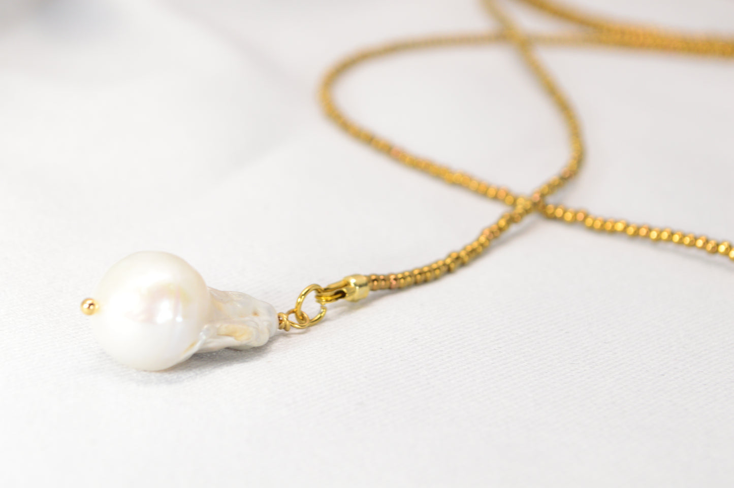 Long Pearl Drop Necklace – Gold Seed Beads & Baroque Pearl Pendant