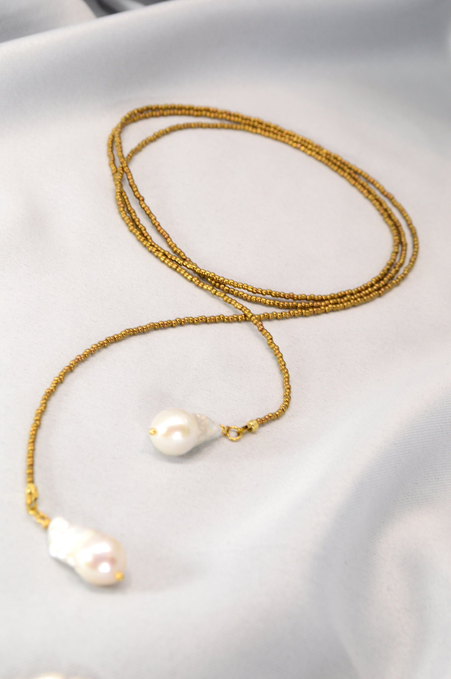 Long Pearl Drop Necklace – Gold Seed Beads & Baroque Pearl Pendant