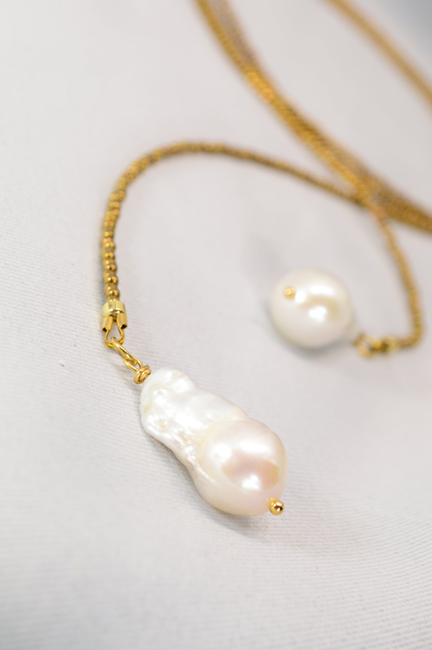 Long Pearl Drop Necklace – Gold Seed Beads & Baroque Pearl Pendant