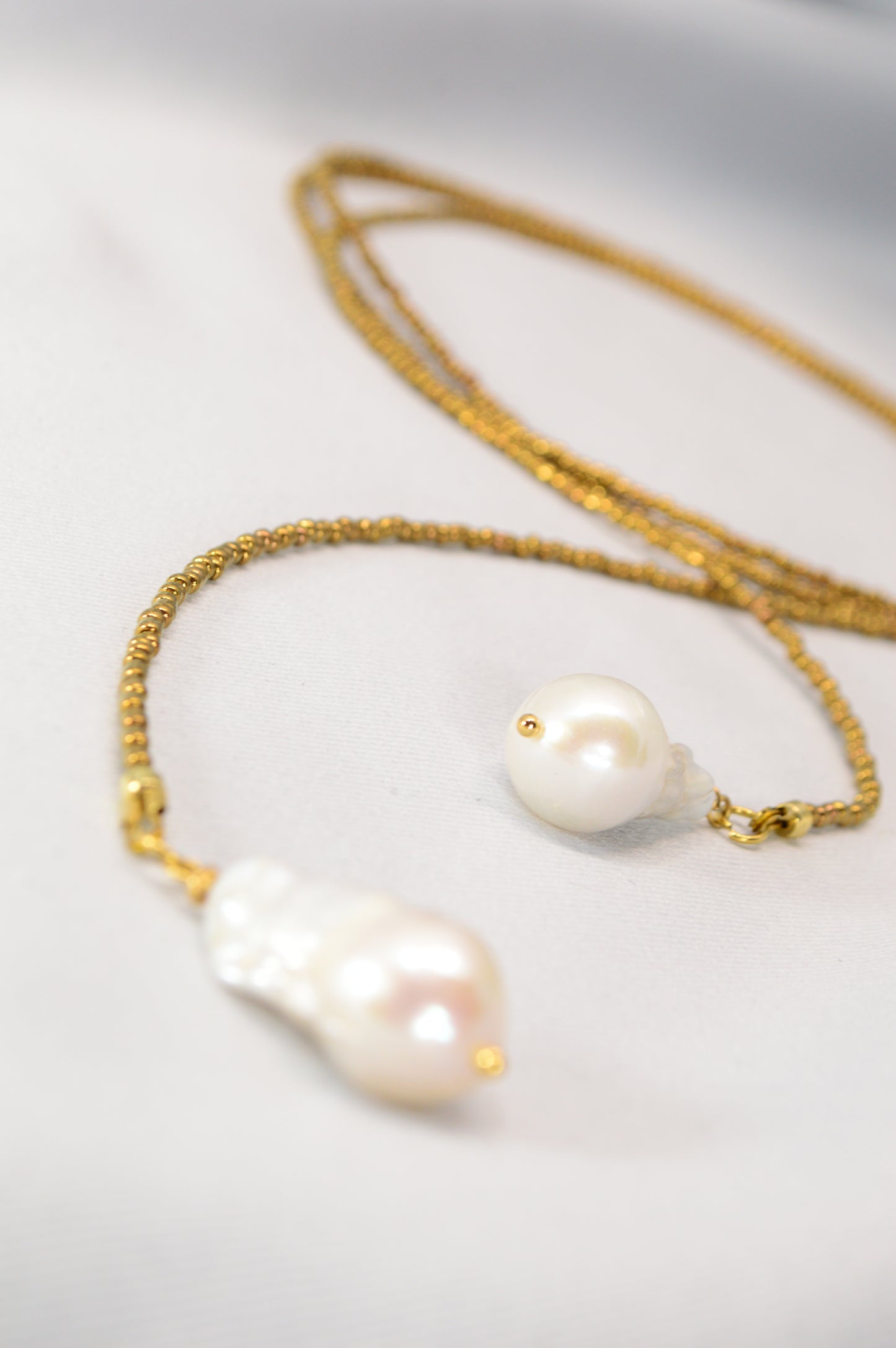 Long Pearl Drop Necklace – Gold Seed Beads & Baroque Pearl Pendant