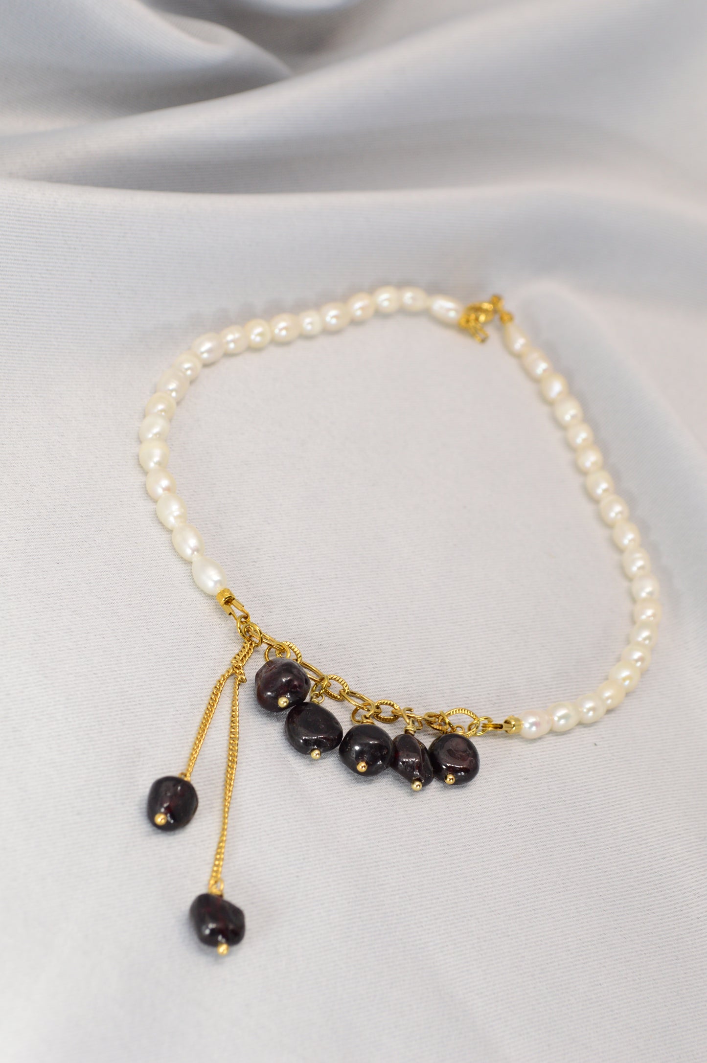 Freshwater Pearl & Dark Garnet Necklace – Gold Stainless Steel Chain, 16"/17"/18"