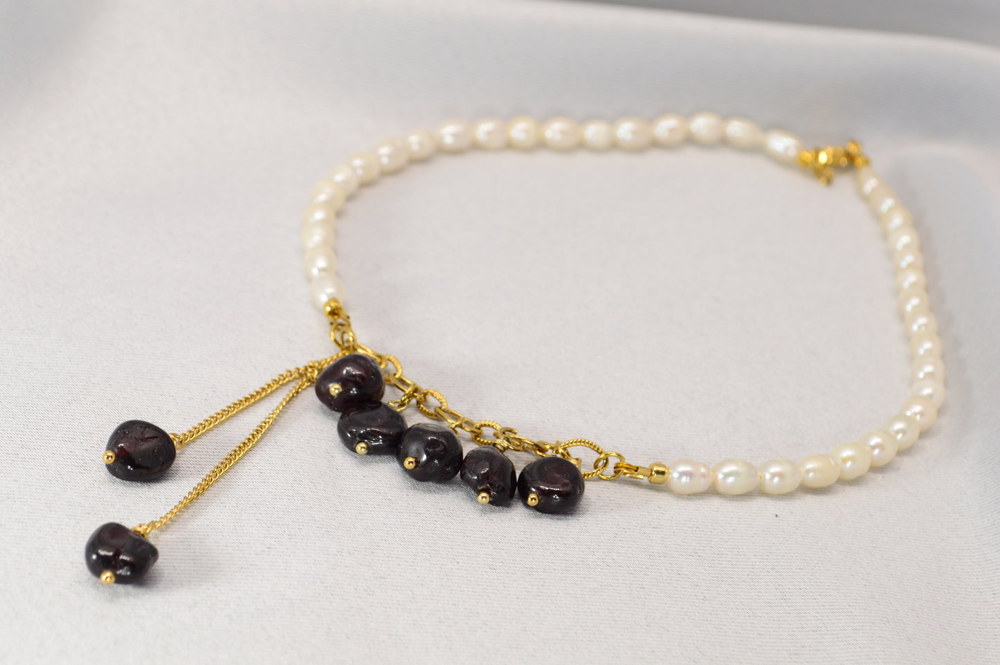 Freshwater Pearl & Dark Garnet Necklace – Gold Stainless Steel Chain, 16"/17"/18"