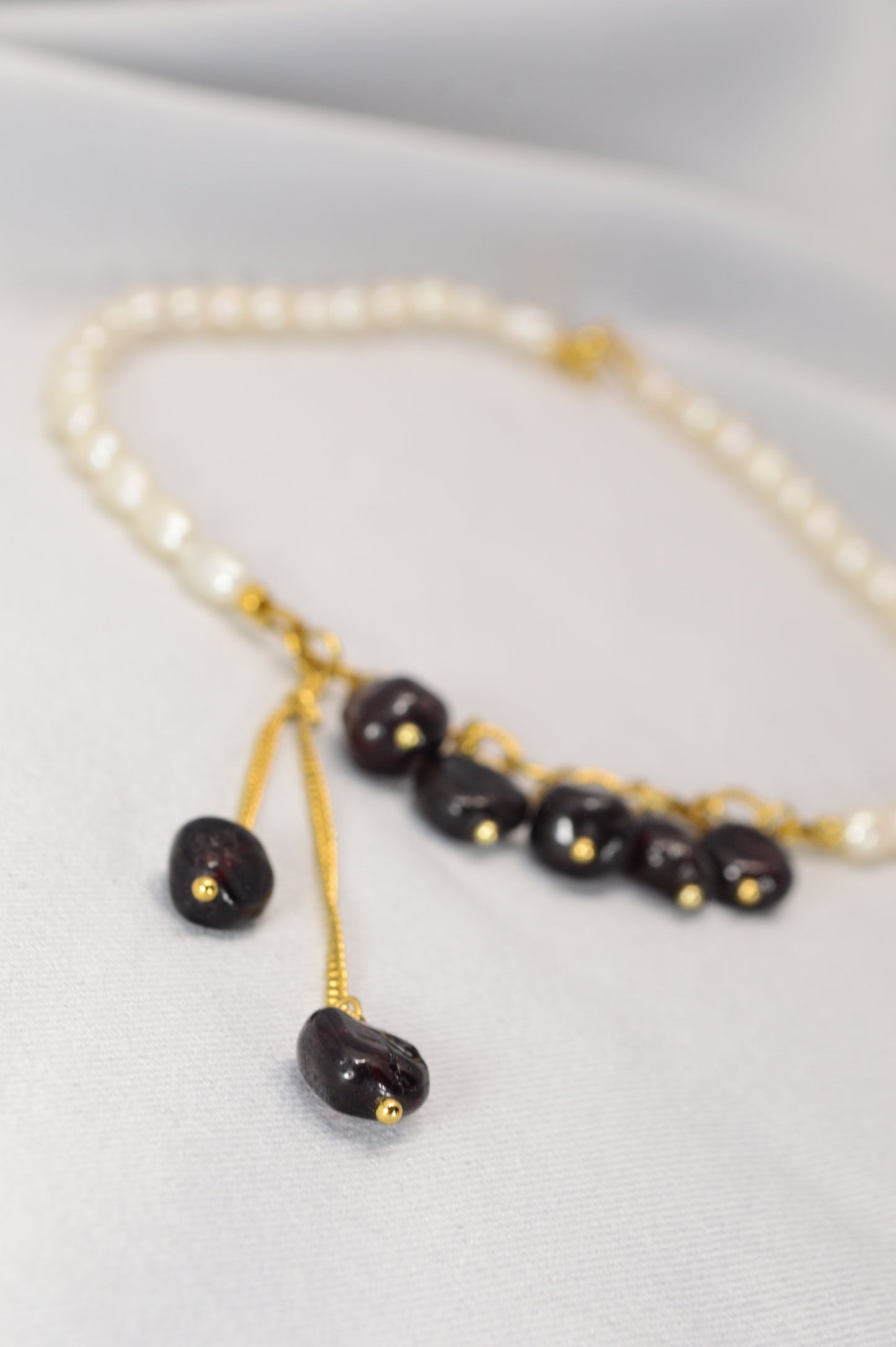 Freshwater Pearl & Dark Garnet Necklace – Gold Stainless Steel Chain, 16"/17"/18"