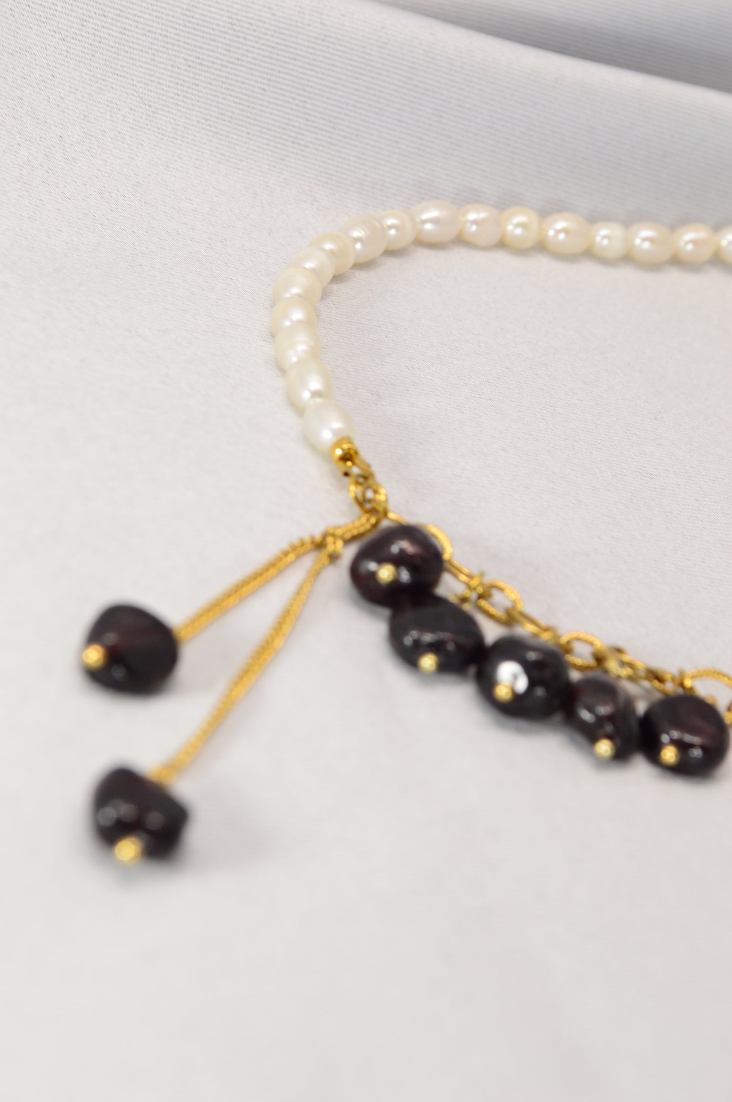 Freshwater Pearl & Dark Garnet Necklace – Gold Stainless Steel Chain, 16"/17"/18"