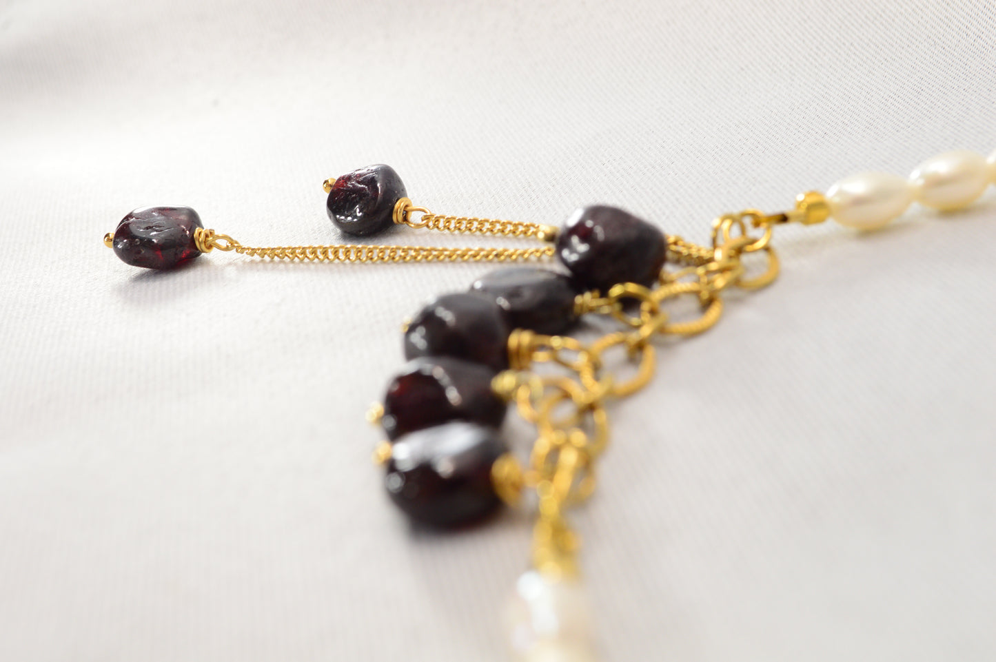 Freshwater Pearl & Dark Garnet Necklace – Gold Stainless Steel Chain, 16"/17"/18"