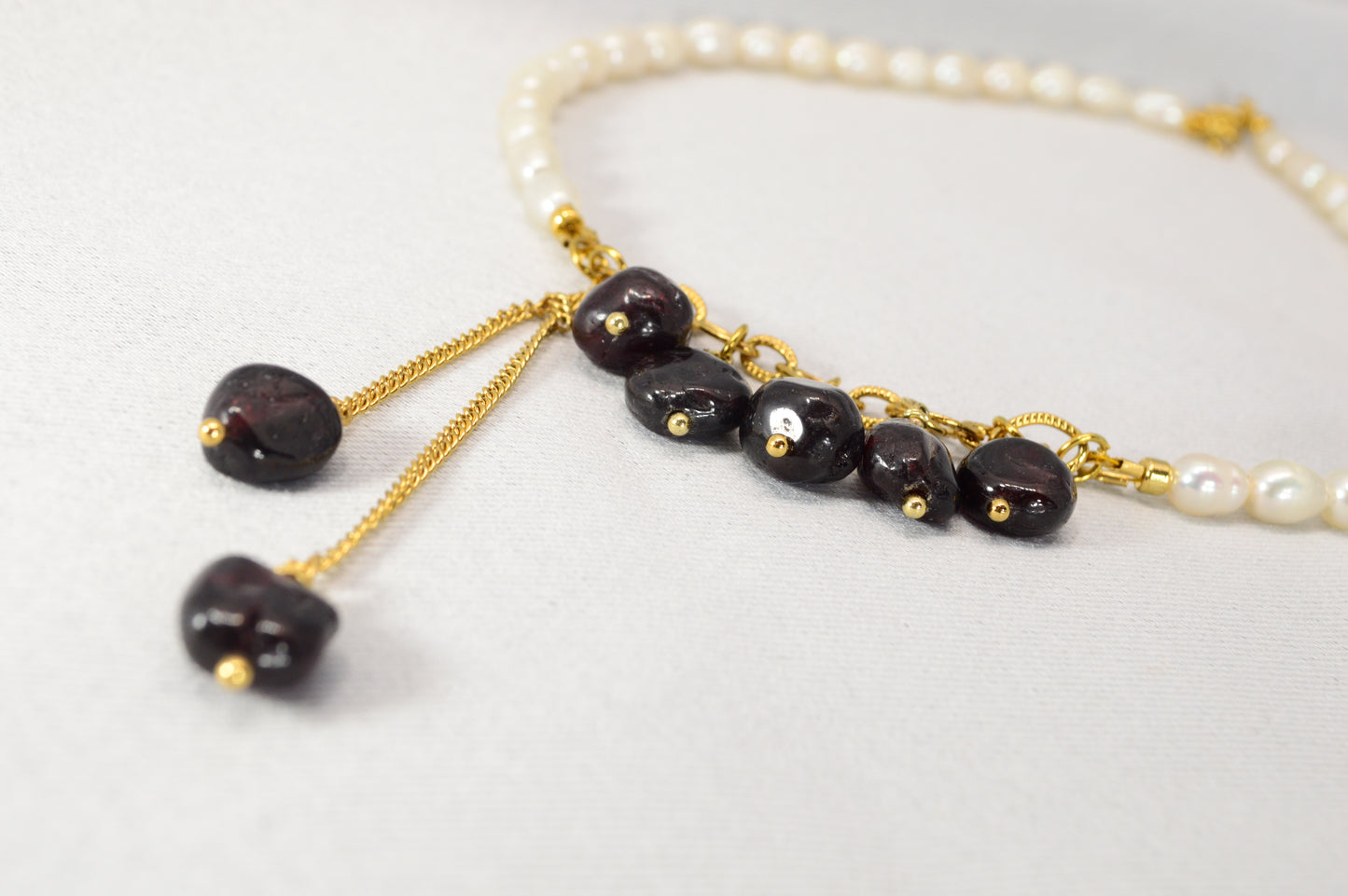Freshwater Pearl & Dark Garnet Necklace – Gold Stainless Steel Chain, 16"/17"/18"