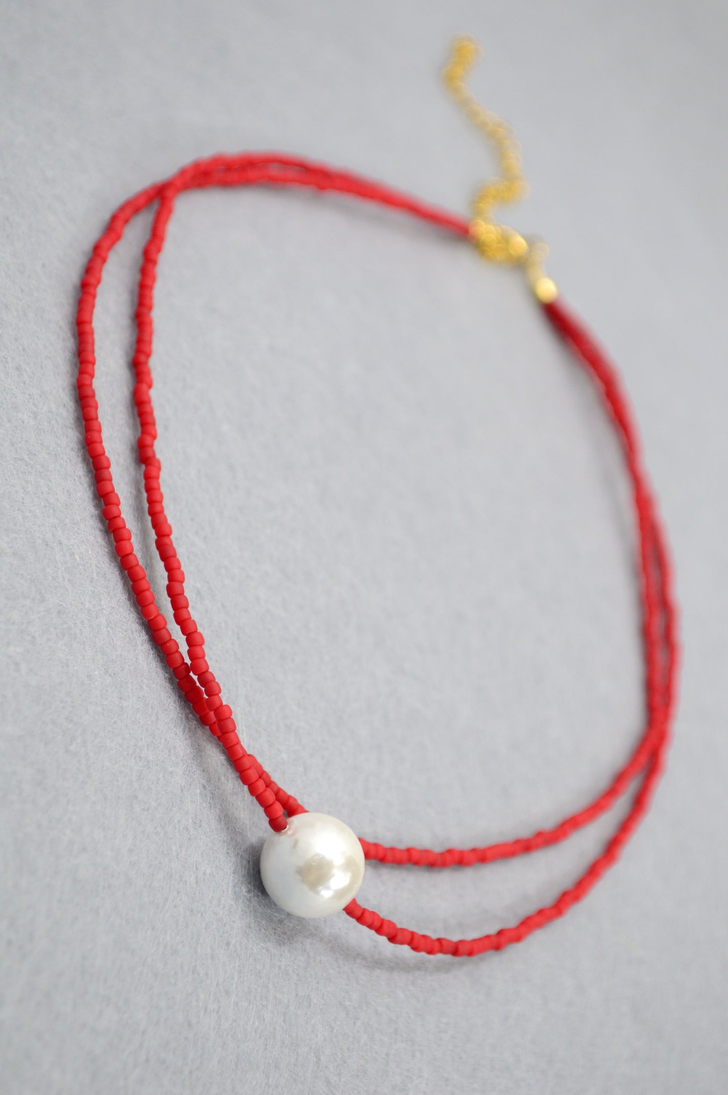 Red Seed Bead Choker with Mother of Pearl – Double Strand Minimalist Necklace