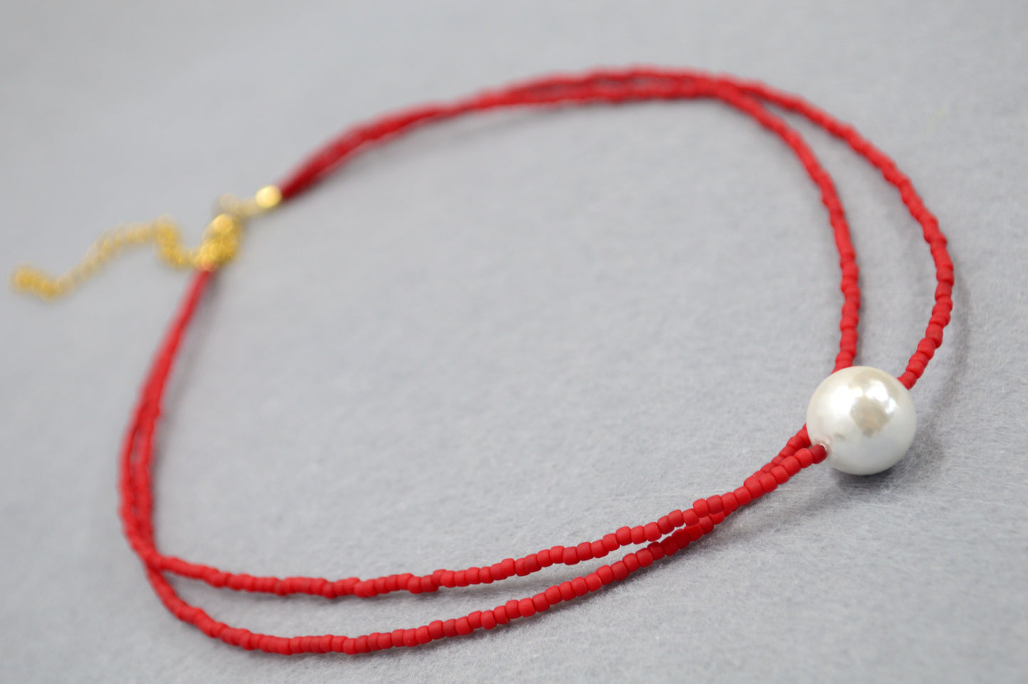 Red Seed Bead Choker with Mother of Pearl – Double Strand Minimalist Necklace