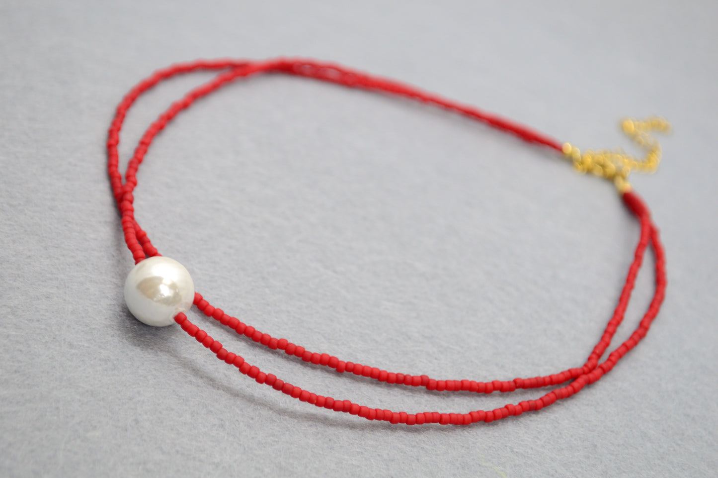 Red Seed Bead Choker with Mother of Pearl – Double Strand Minimalist Necklace