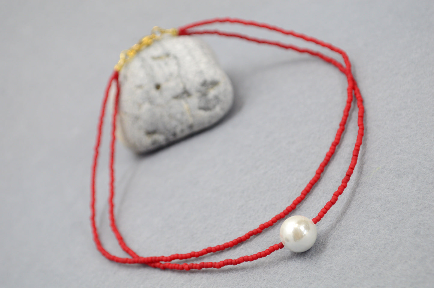 Red Seed Bead Choker with Mother of Pearl – Double Strand Minimalist Necklace
