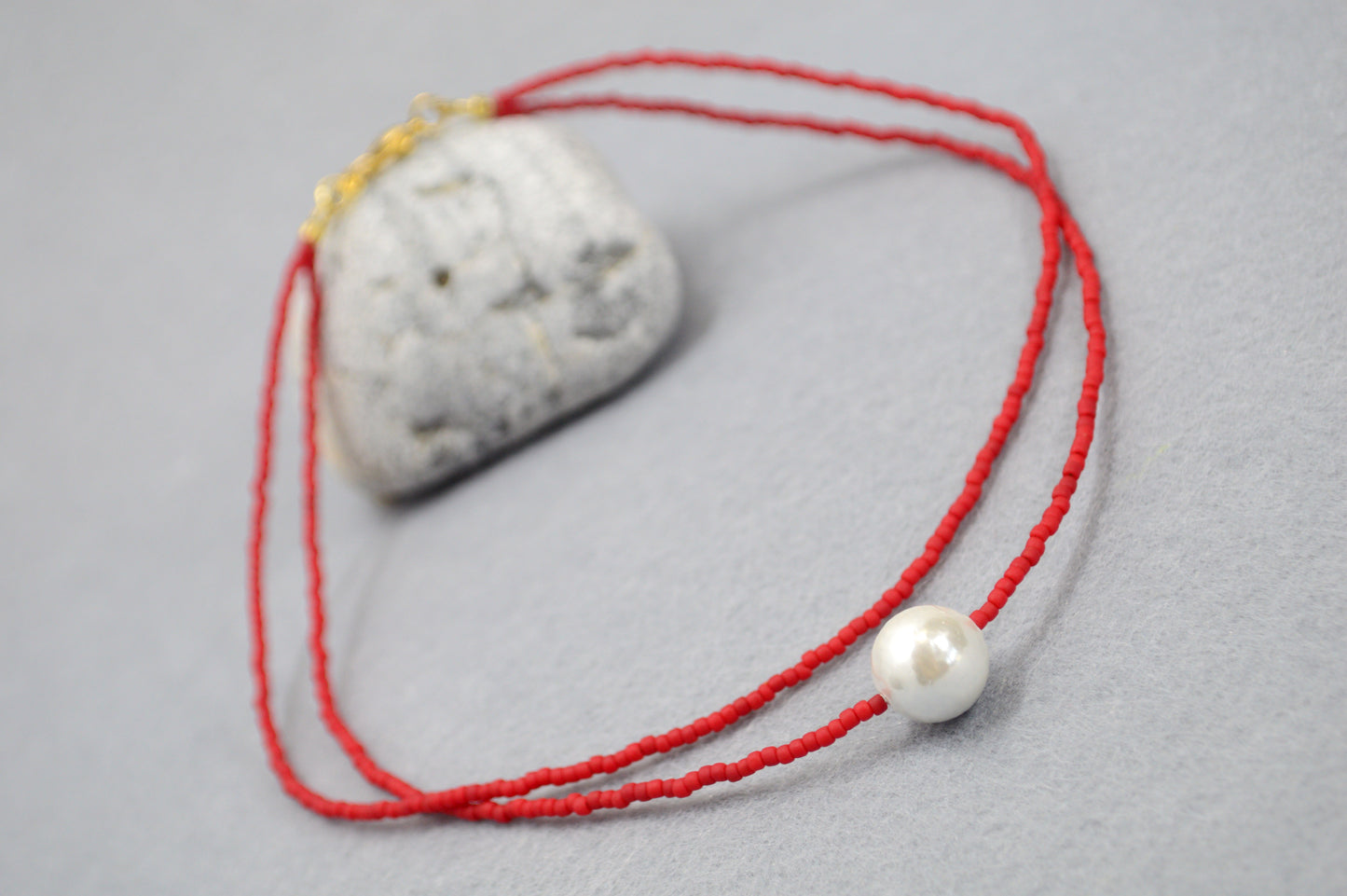 Red Seed Bead Choker with Mother of Pearl – Double Strand Minimalist Necklace