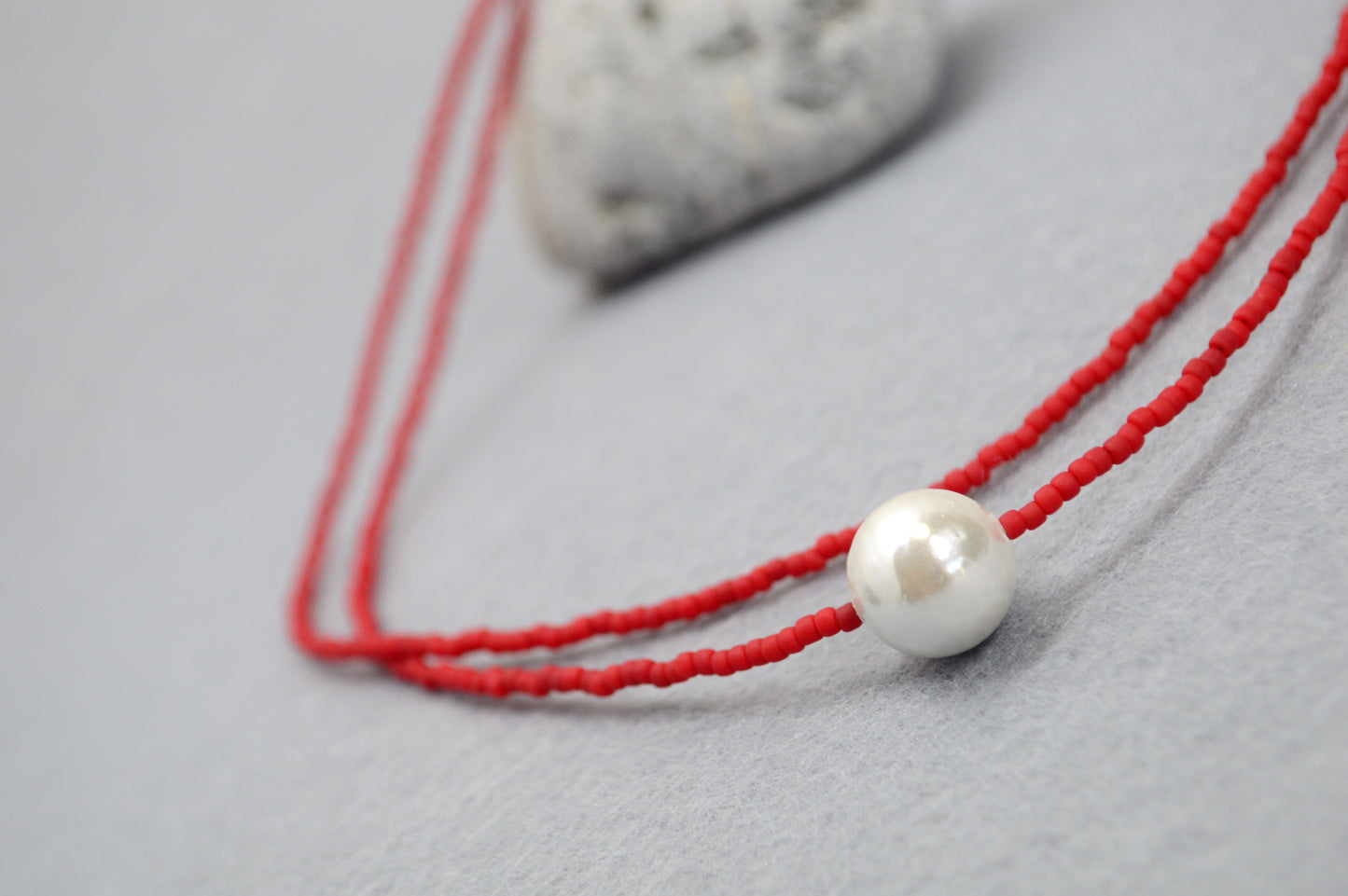 Red Seed Bead Choker with Mother of Pearl – Double Strand Minimalist Necklace