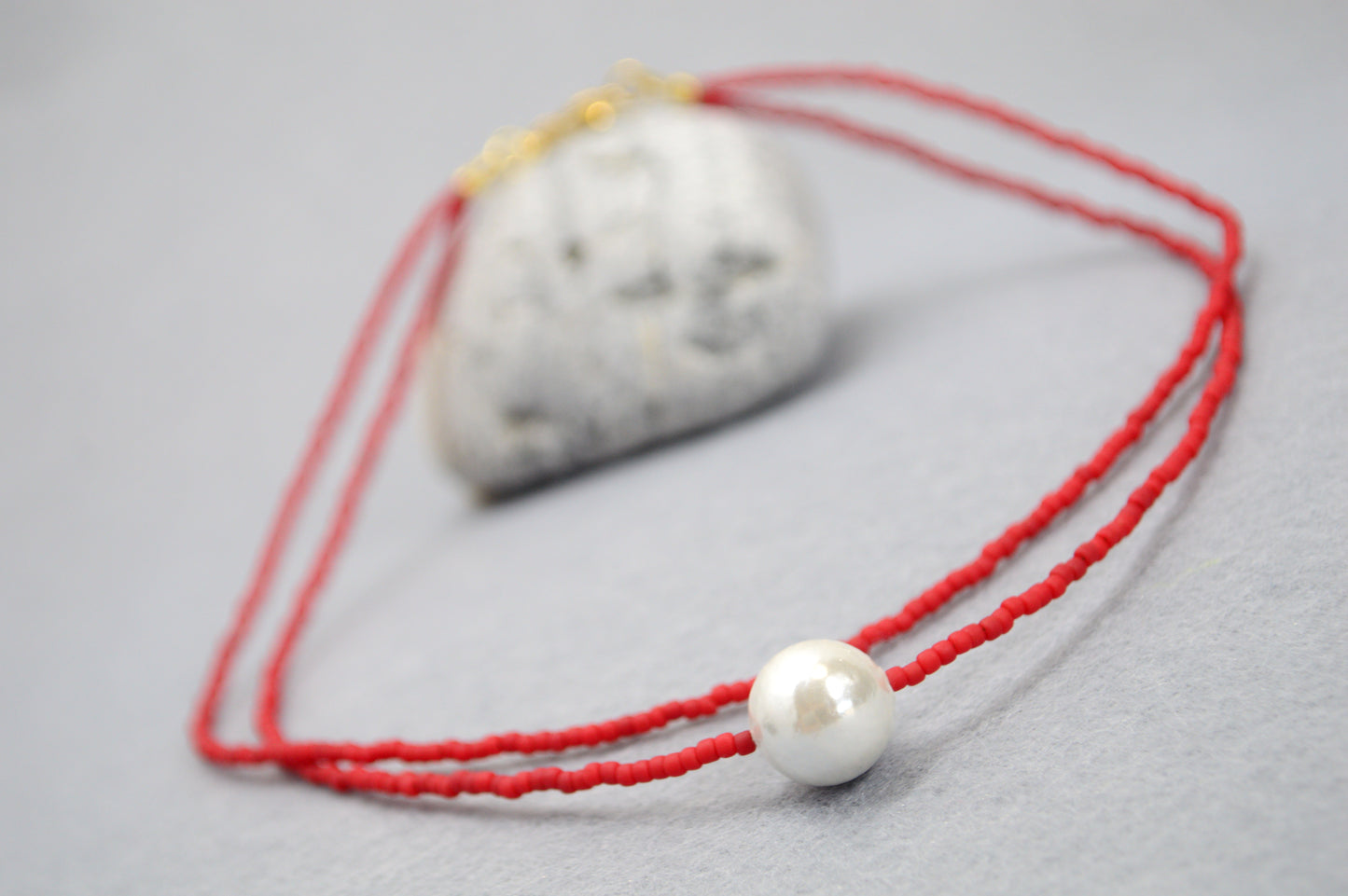 Red Seed Bead Choker with Mother of Pearl – Double Strand Minimalist Necklace