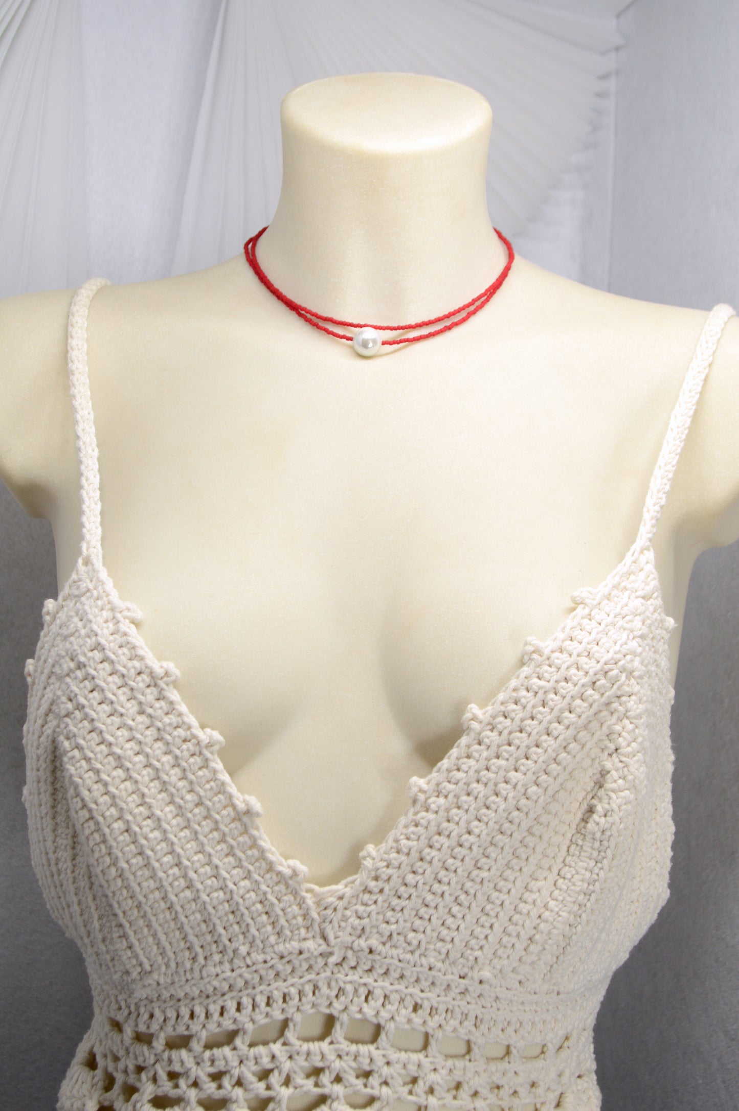 Red Seed Bead Choker with Mother of Pearl – Double Strand Minimalist Necklace