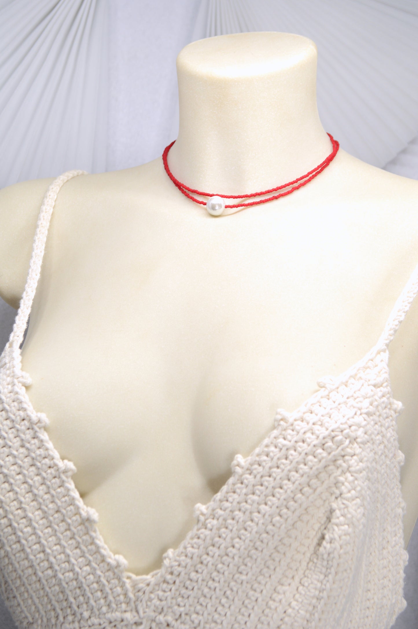Red Seed Bead Choker with Mother of Pearl – Double Strand Minimalist Necklace