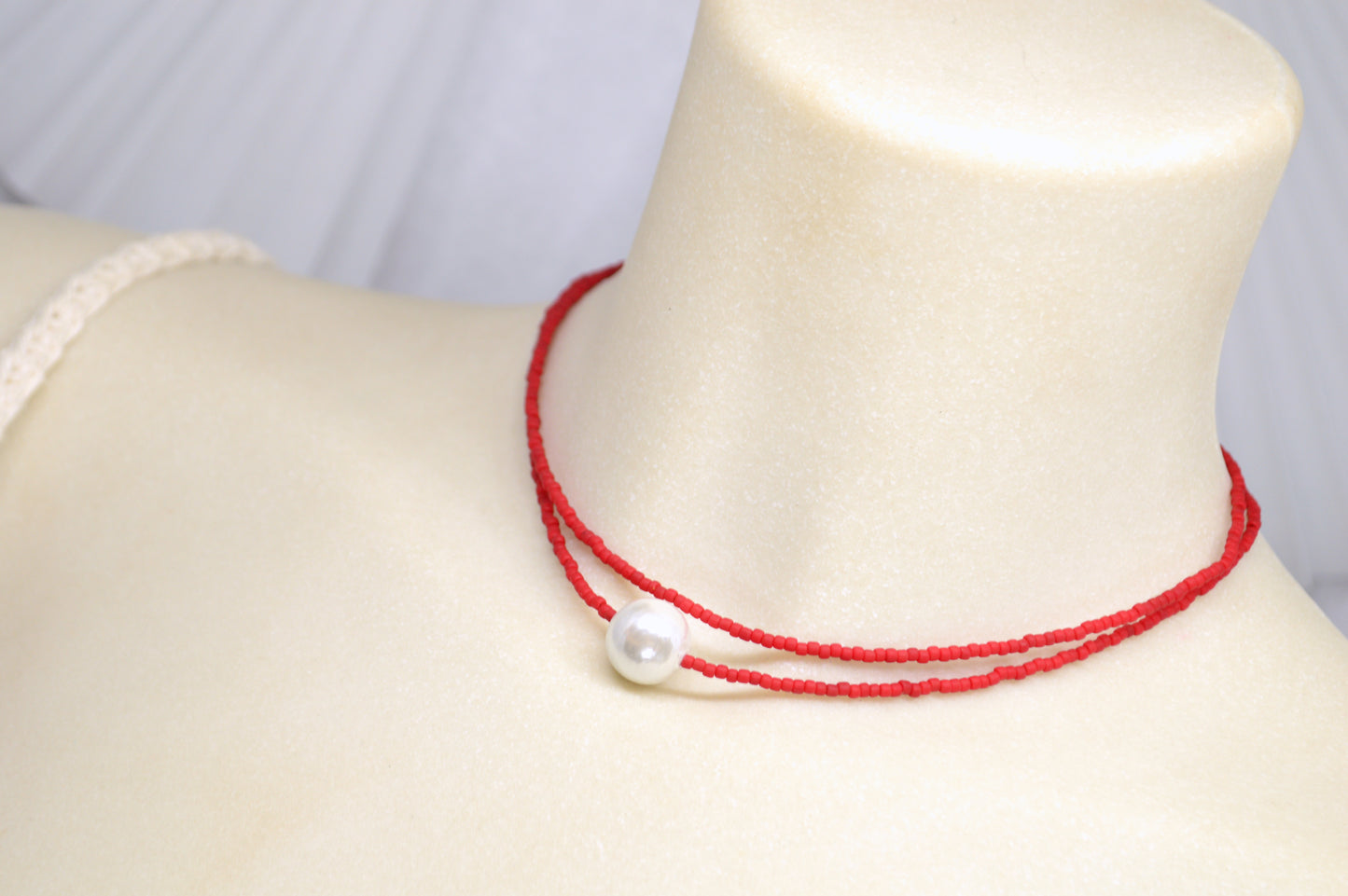 Red Seed Bead Choker with Mother of Pearl – Double Strand Minimalist Necklace
