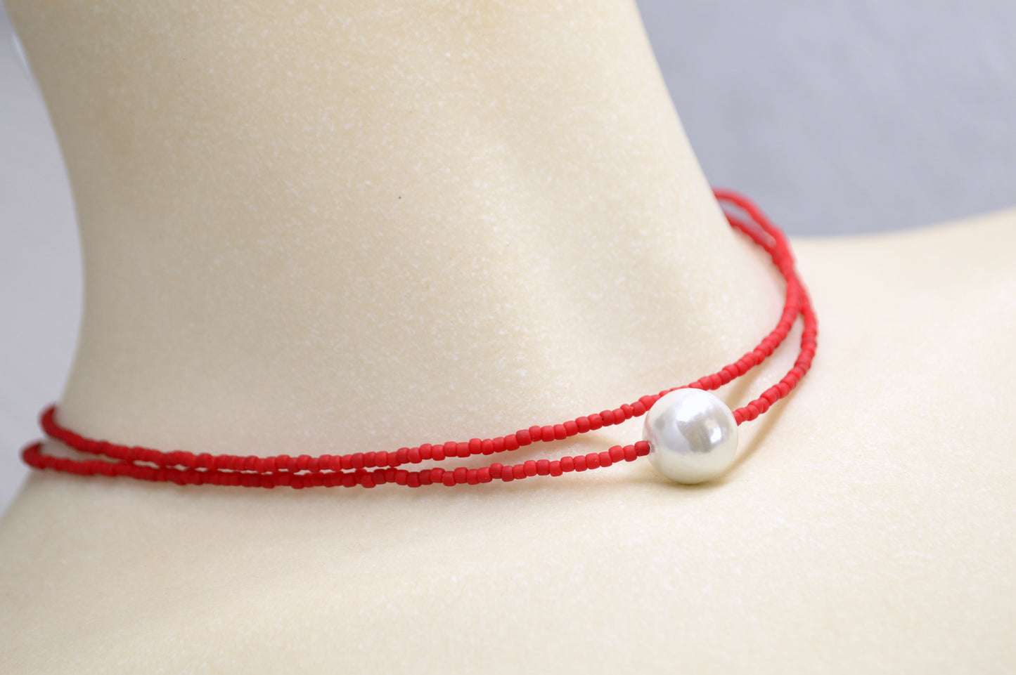 Red Seed Bead Choker with Mother of Pearl – Double Strand Minimalist Necklace
